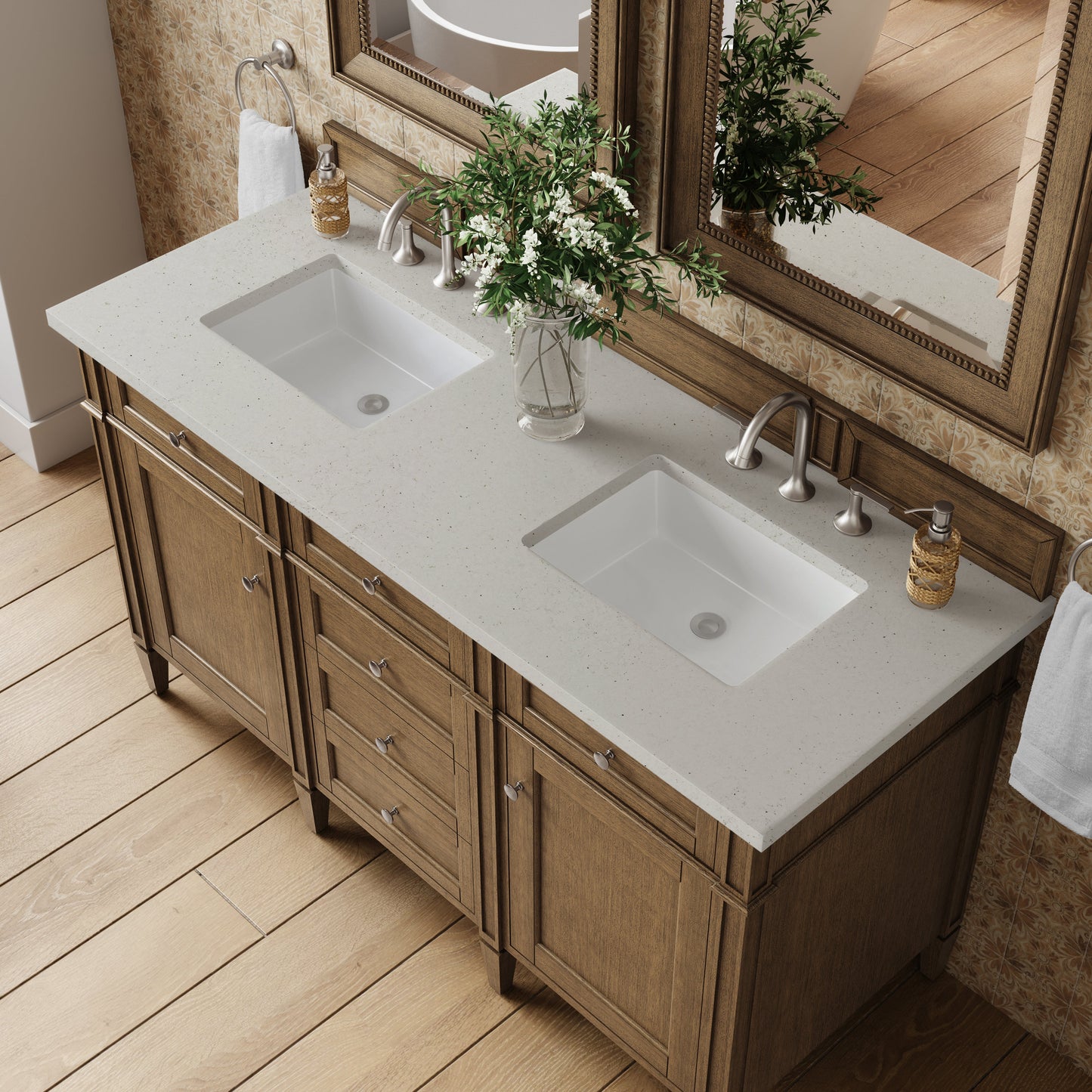 
                  
                    Brittany 60" Double Vanity in Saddle Brown Double Bathroom Vanity James Martin Vanities Lime Delight Silestone 
                  
                