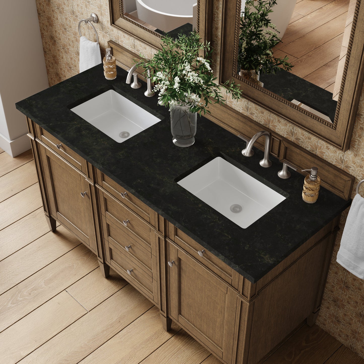 
                  
                    Brittany 60" Double Vanity in Saddle Brown Double Bathroom Vanity James Martin Vanities Phantome Eclos 
                  
                
