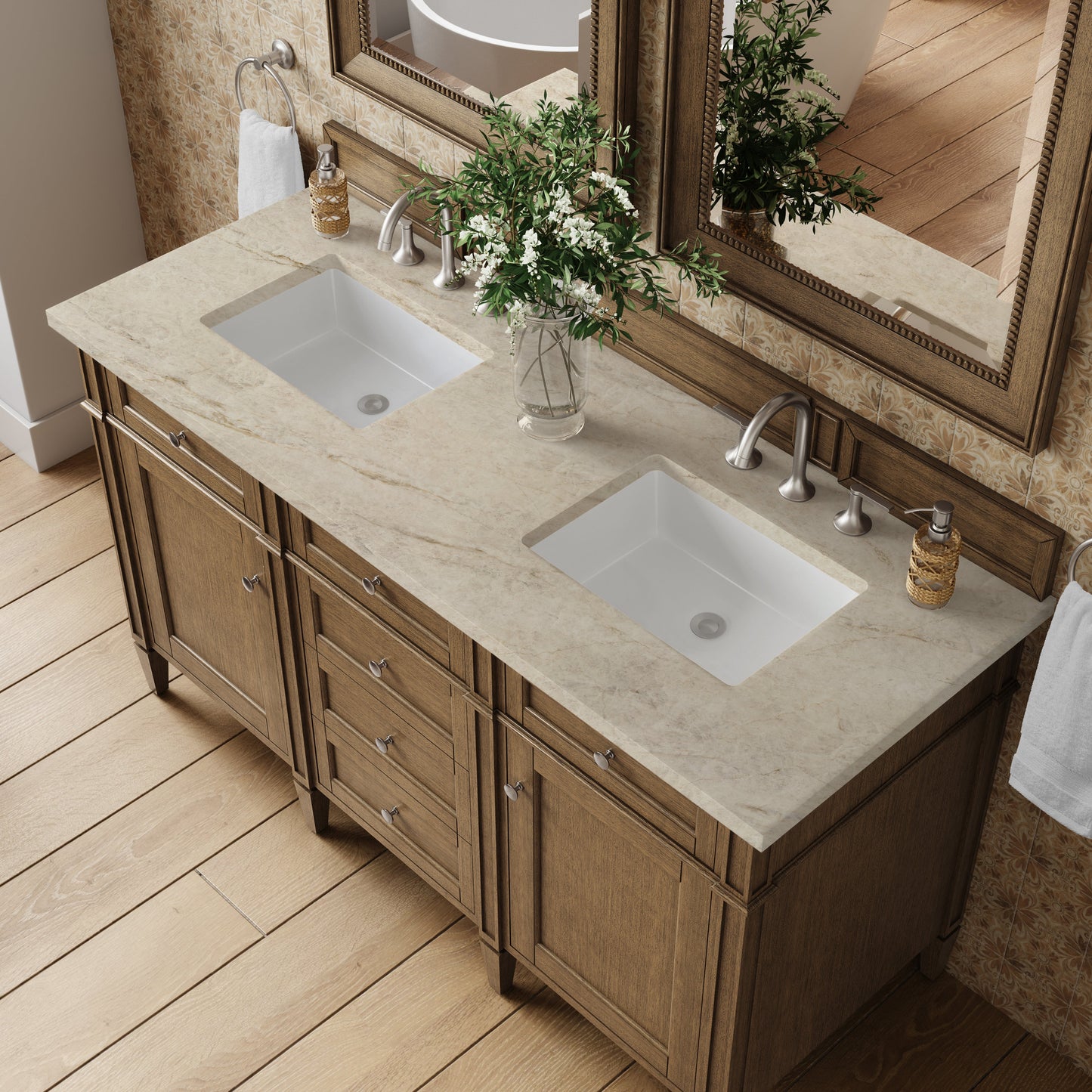 
                  
                    Brittany 60" Double Vanity in Saddle Brown Double Bathroom Vanity James Martin Vanities Tajnar Eclos 
                  
                