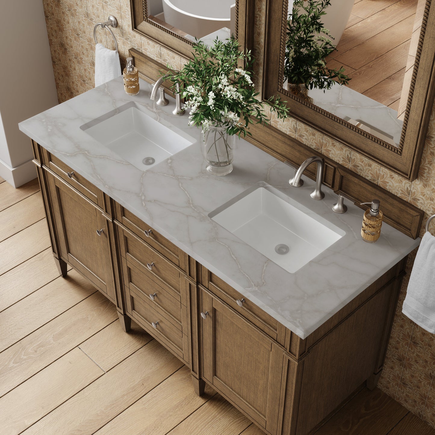 
                  
                    Brittany 60" Double Vanity in Saddle Brown Double Bathroom Vanity James Martin Vanities Victorian Silver Silestone 
                  
                