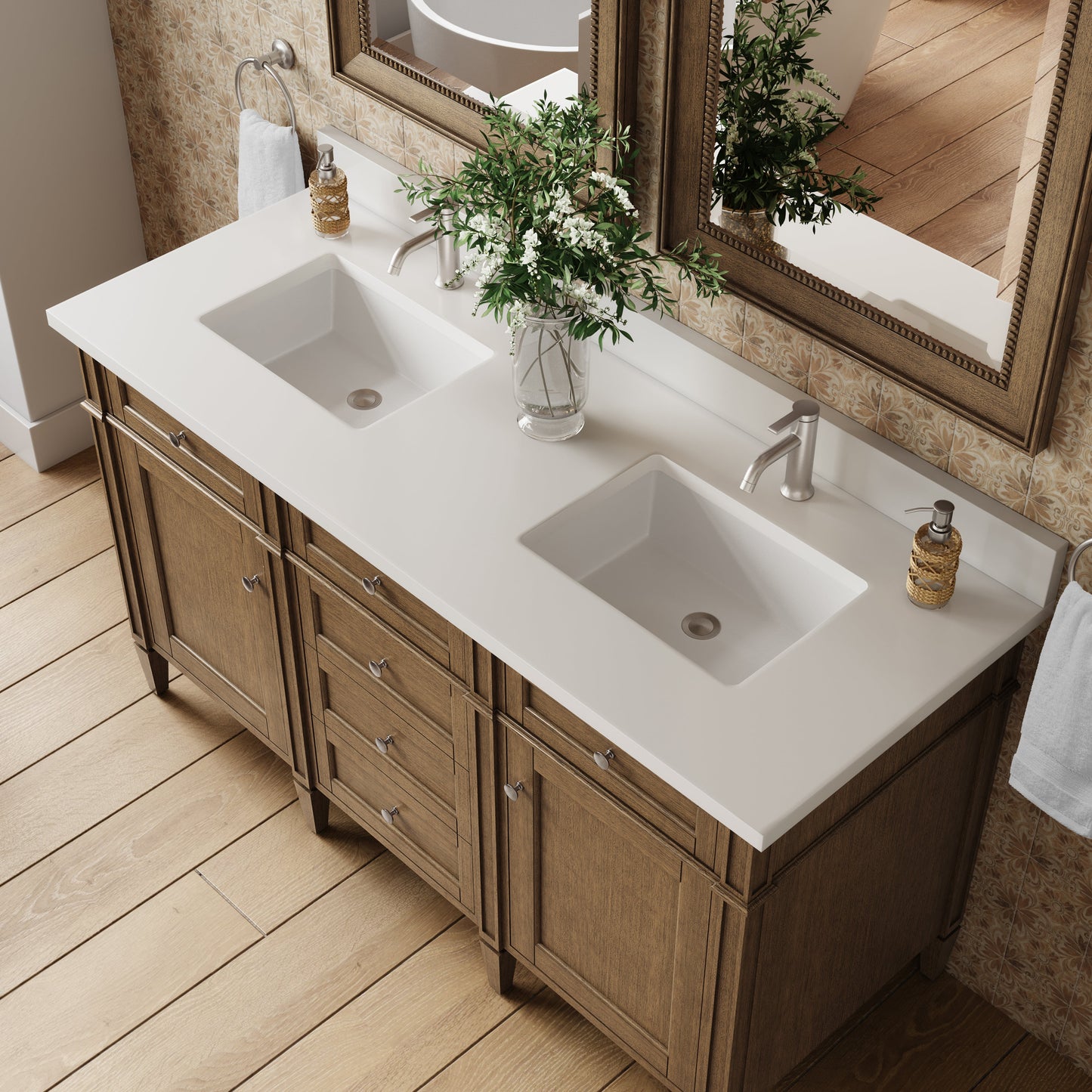 
                  
                    Brittany 60" Double Vanity in Saddle Brown Double Bathroom Vanity James Martin Vanities White Zeus Single Faucet Silestone Top w/Backsplash 
                  
                