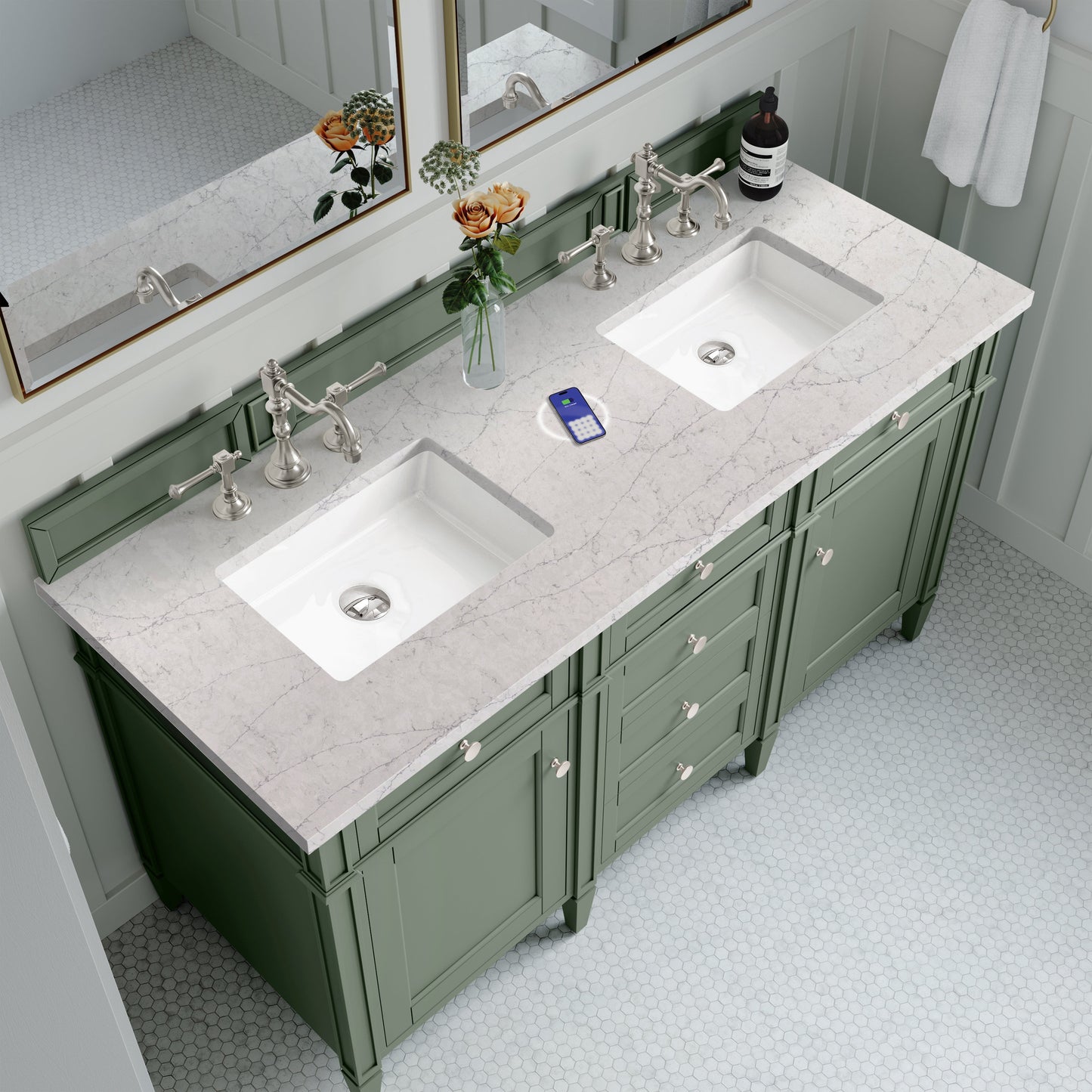 
                  
                    Brittany 60" Double Vanity in Smokey Celadon Double bathroom Vanity James Martin Vanities FreePower-Enabled Eternal Jasmine Pearl Silestone 
                  
                