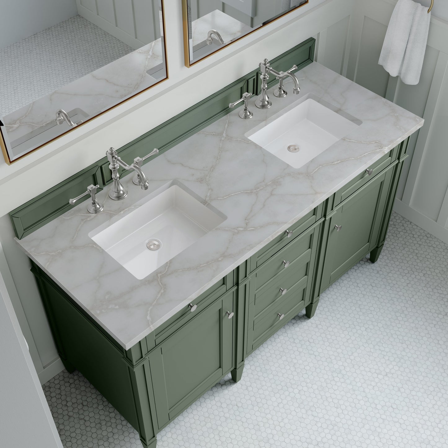 
                  
                    Brittany 60" Double Vanity in Smokey Celadon Double bathroom Vanity James Martin Vanities Victorian Silver Silestone 
                  
                