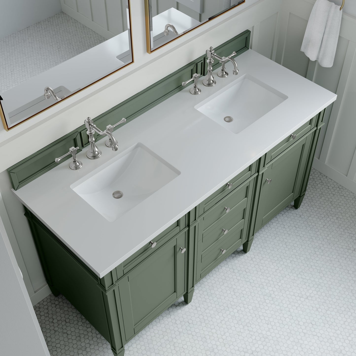 
                  
                    Brittany 60" Double Vanity in Smokey Celadon Double bathroom Vanity James Martin Vanities White Zeus Silestone 
                  
                