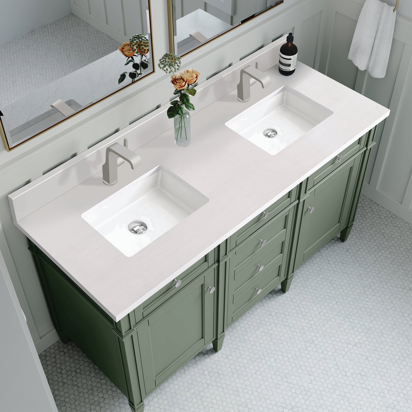 
                  
                    Brittany 60" Double Vanity in Smokey Celadon Double bathroom Vanity James Martin Vanities White Zeus Single Faucet Silestone Top w/Backsplash 
                  
                