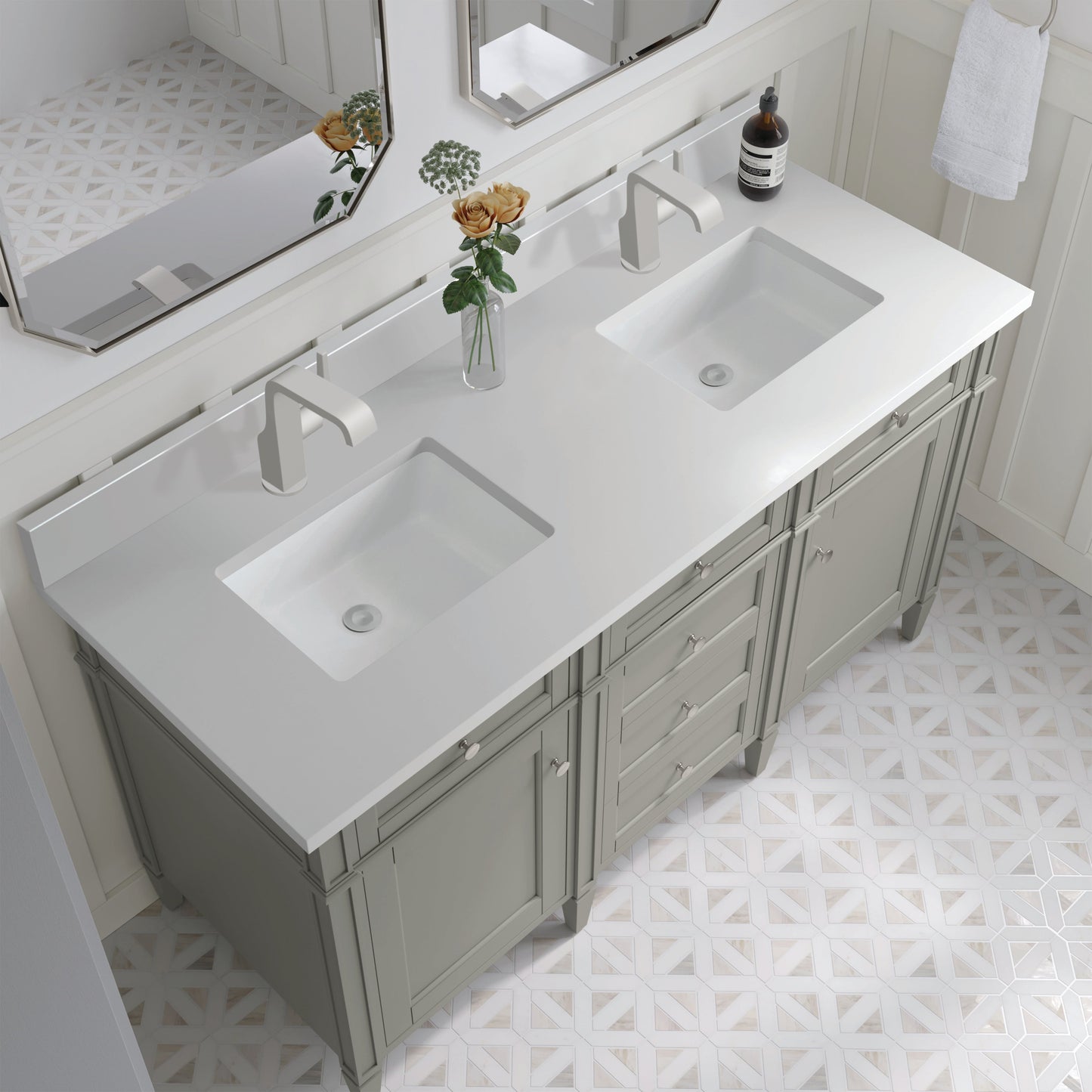 
                  
                    Brittany 60" Double Vanity in Urban Gray Double bathroom Vanity James Martin Vanities White Zeus Single Faucet Silestone Top w/Backsplash 
                  
                
