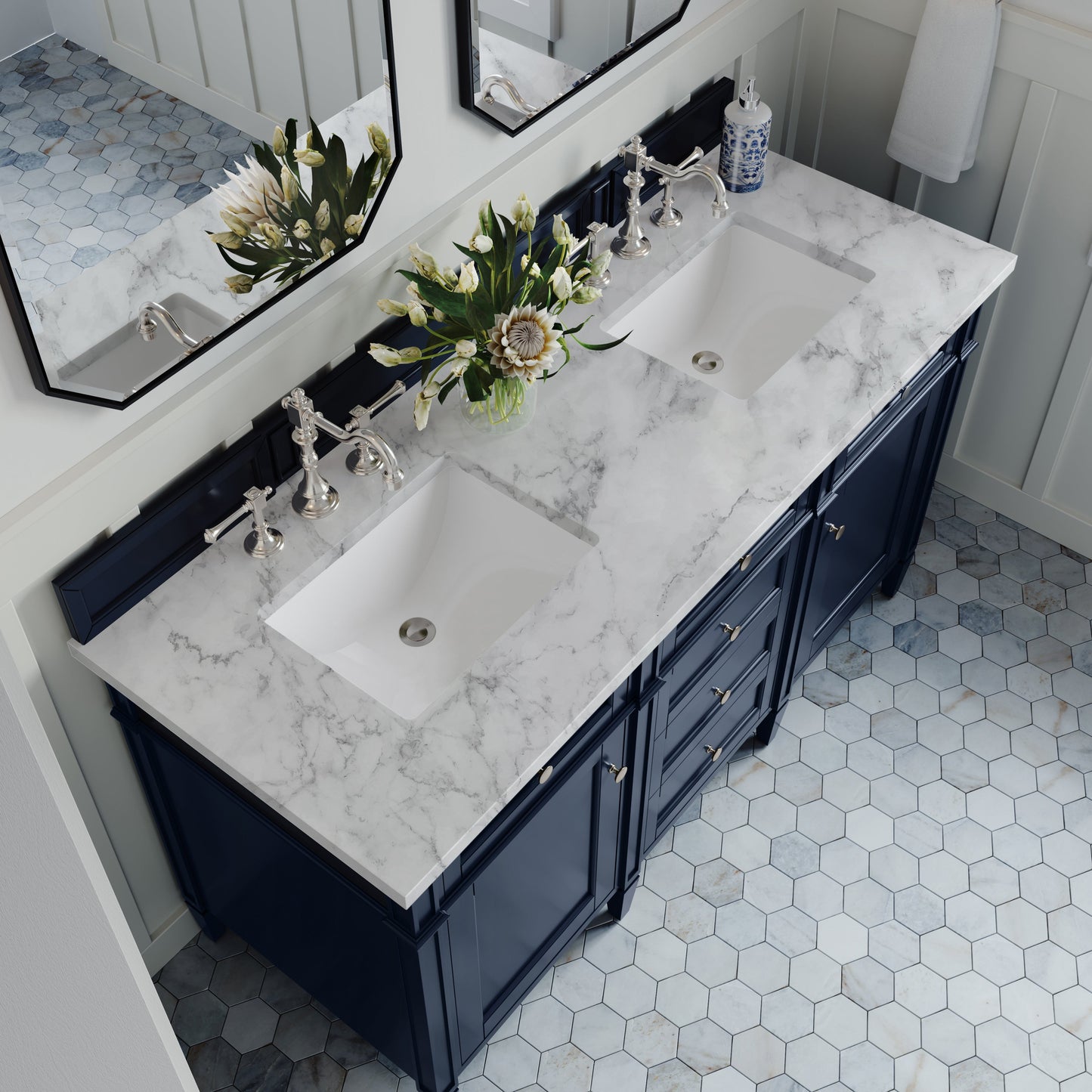 
                  
                    Brittany 60" Double Vanity in Victory Blue Double bathroom Vanity James Martin Vanities Carrara White Marble 
                  
                