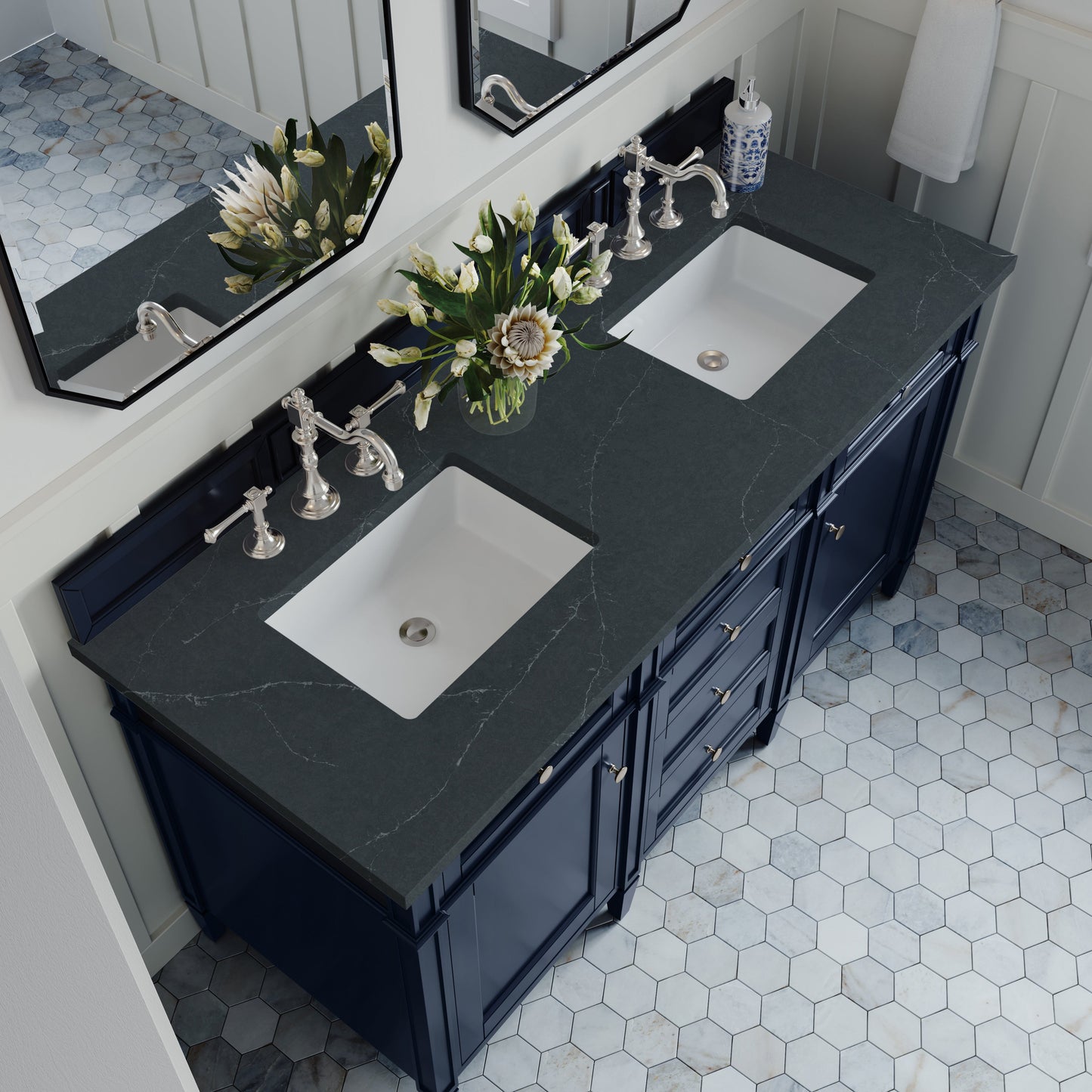 
                  
                    Brittany 60" Double Vanity in Victory Blue Double bathroom Vanity James Martin Vanities Charcoal Sopastone Silestone 
                  
                