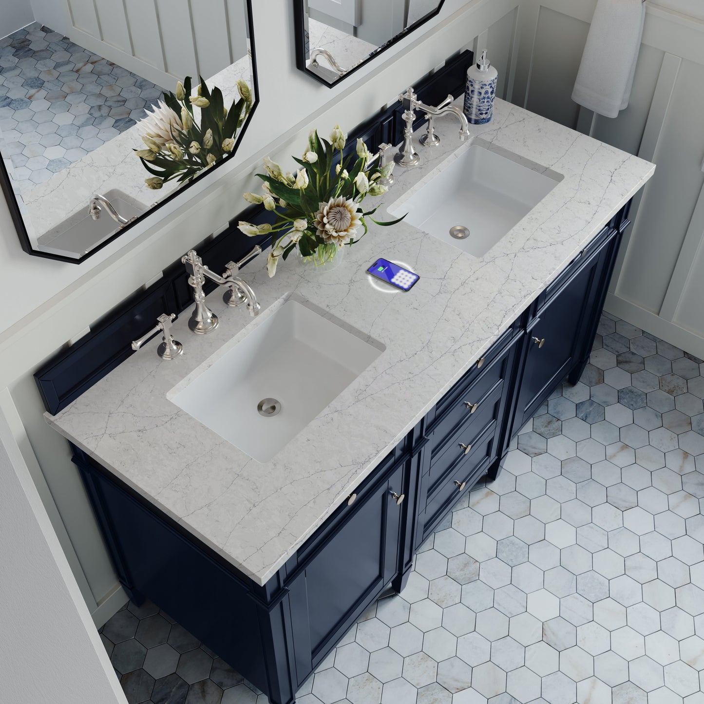 
                  
                    Brittany 60" Double Vanity in Victory Blue Double bathroom Vanity James Martin Vanities FreePower-Enabled Eternal Jasmine Pearl Silestone 
                  
                