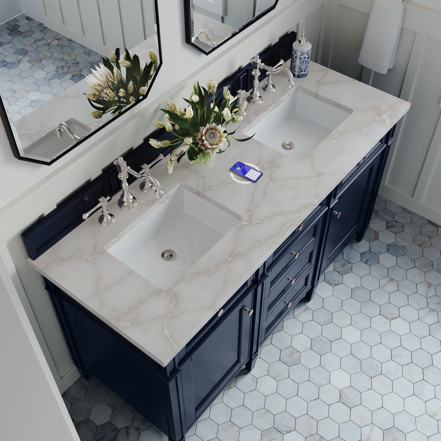
                  
                    Brittany 60" Double Vanity in Victory Blue Double bathroom Vanity James Martin Vanities FreePower-Enabled Victorian Silver Silestone 
                  
                