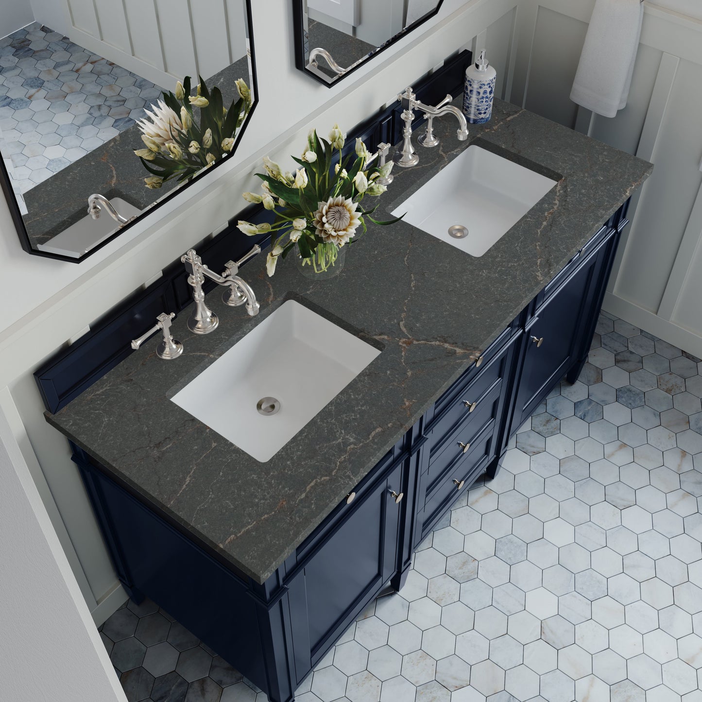 
                  
                    Brittany 60" Double Vanity in Victory Blue Double bathroom Vanity James Martin Vanities Parisien Bleu Silestone 
                  
                