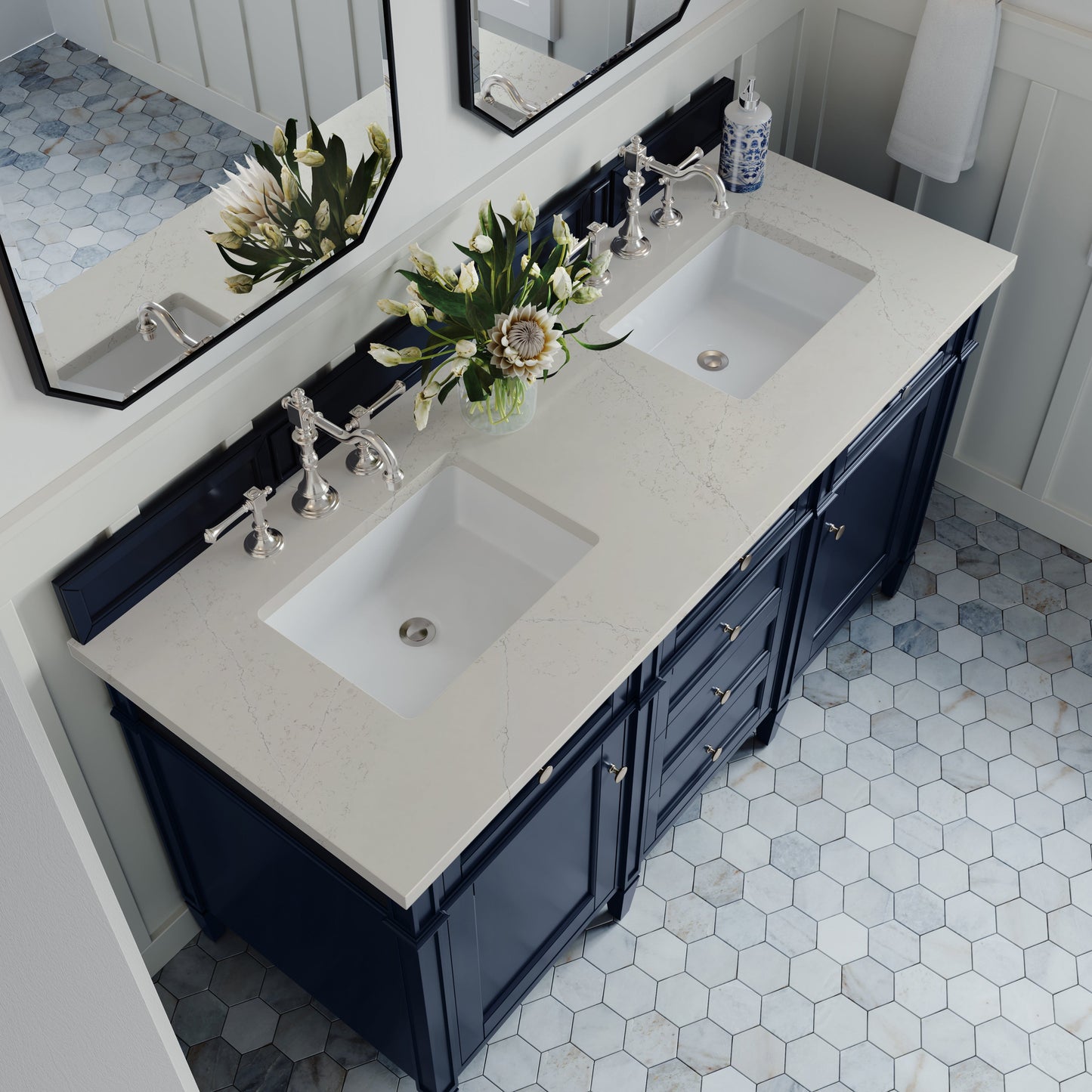 
                  
                    Brittany 60" Double Vanity in Victory Blue Double bathroom Vanity James Martin Vanities Siberian Silestone 
                  
                