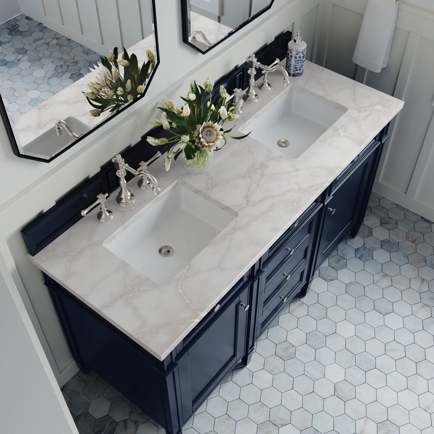 
                  
                    Brittany 60" Double Vanity in Victory Blue Double bathroom Vanity James Martin Vanities Victorian Silver Silestone 
                  
                