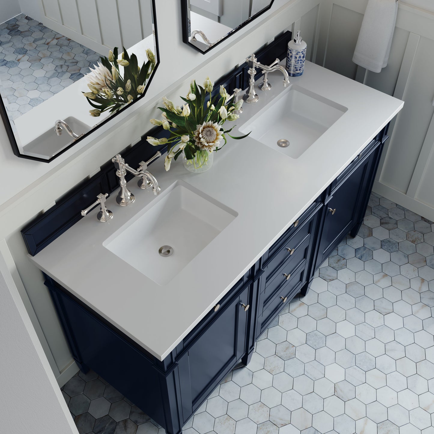 
                  
                    Brittany 60" Double Vanity in Victory Blue Double bathroom Vanity James Martin Vanities White Zeus Silestone 
                  
                