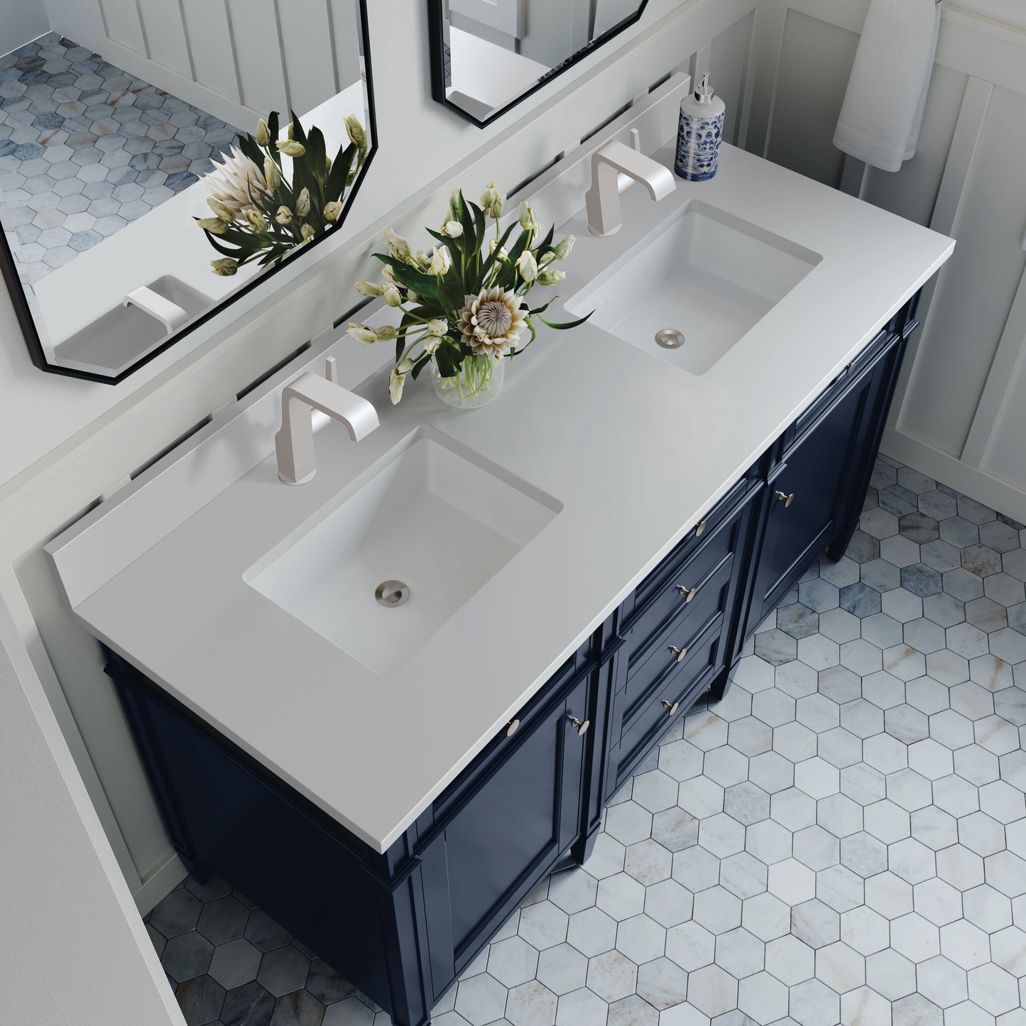 
                  
                    Brittany 60" Double Vanity in Victory Blue Double bathroom Vanity James Martin Vanities White Zeus Single Faucet Silestone Top w/Backsplash 
                  
                