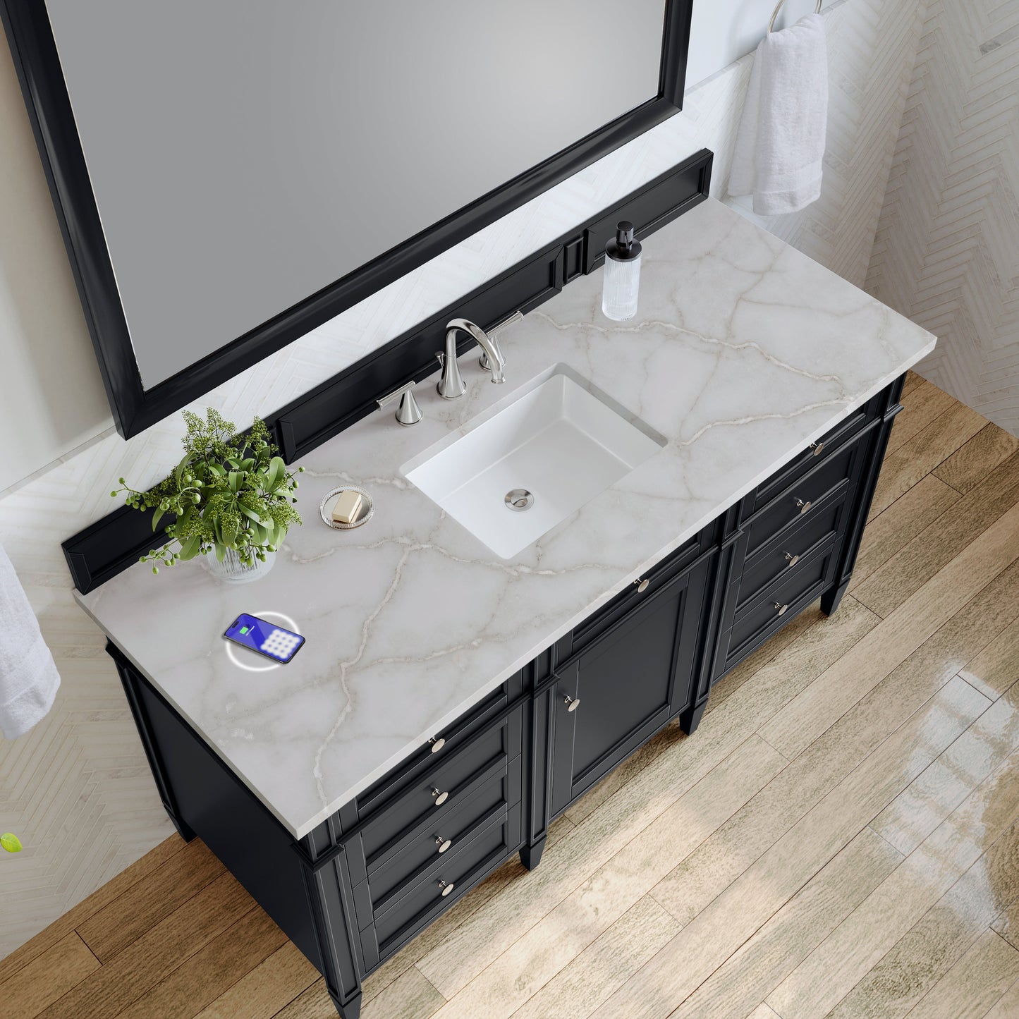 
                  
                    Brittany 60" Single Vanity in Black Onyx Single Bathroom Vanity James Martin Vanities Victorian Silver Silestone with FreePower 
                  
                