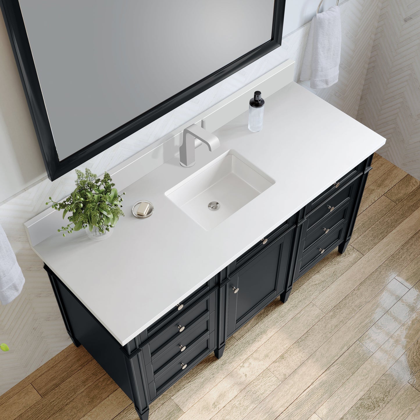 
                  
                    Brittany 60" Single Vanity in Black Onyx Single Bathroom Vanity James Martin Vanities White Zeus Single Faucet Silestone Top w/Backsplash 
                  
                