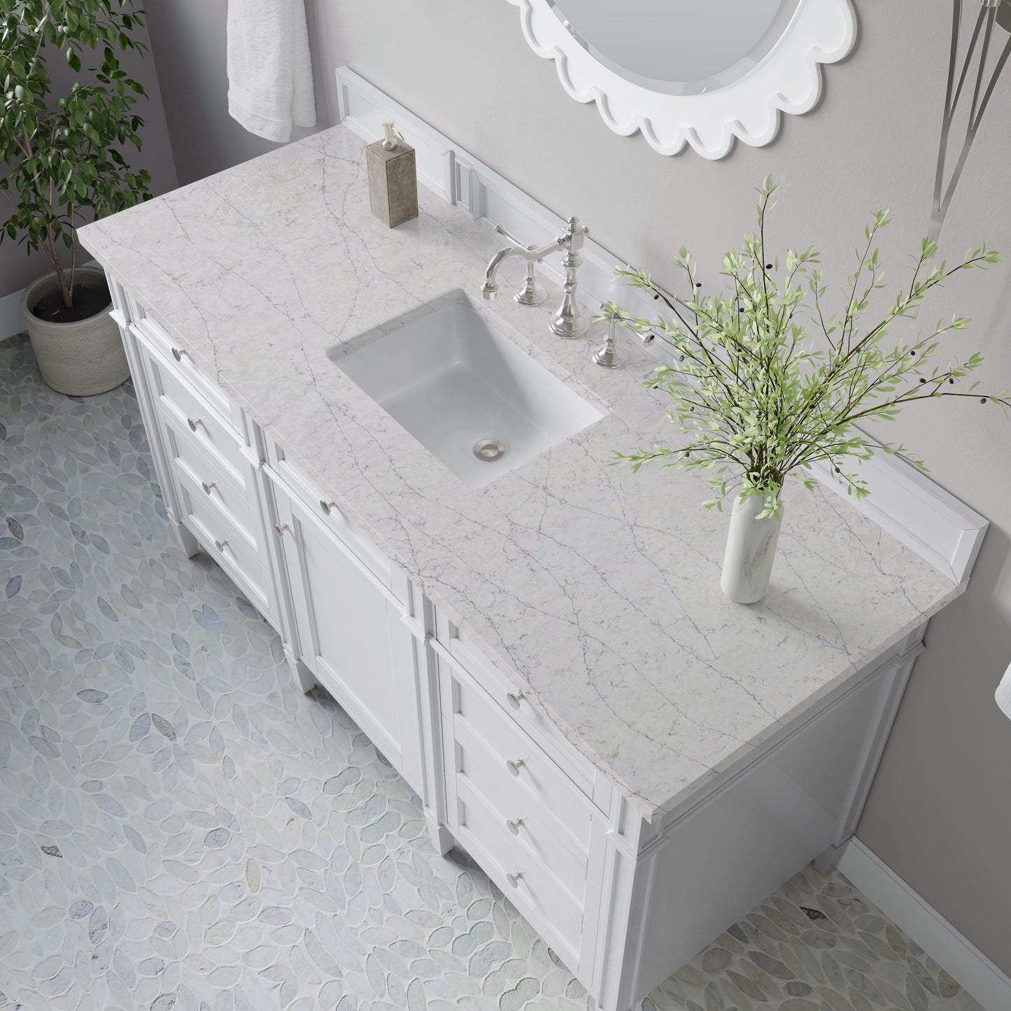 
                  
                    Brittany 60" Single Vanity in Bright White Single Bathroom Vanity James Martin Vanities Eternal Jasmine Pearl Silestone 
                  
                