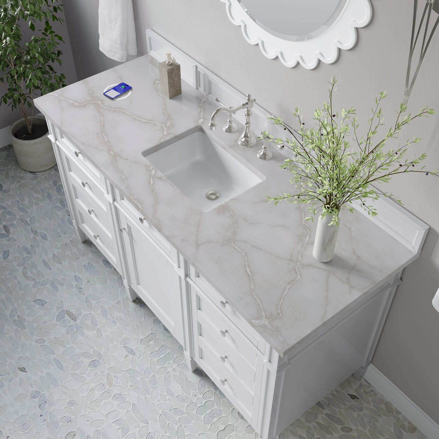 
                  
                    Brittany 60" Single Vanity in Bright White Single Bathroom Vanity James Martin Vanities FreePower-Enabled Victorian Silver Silestone 
                  
                