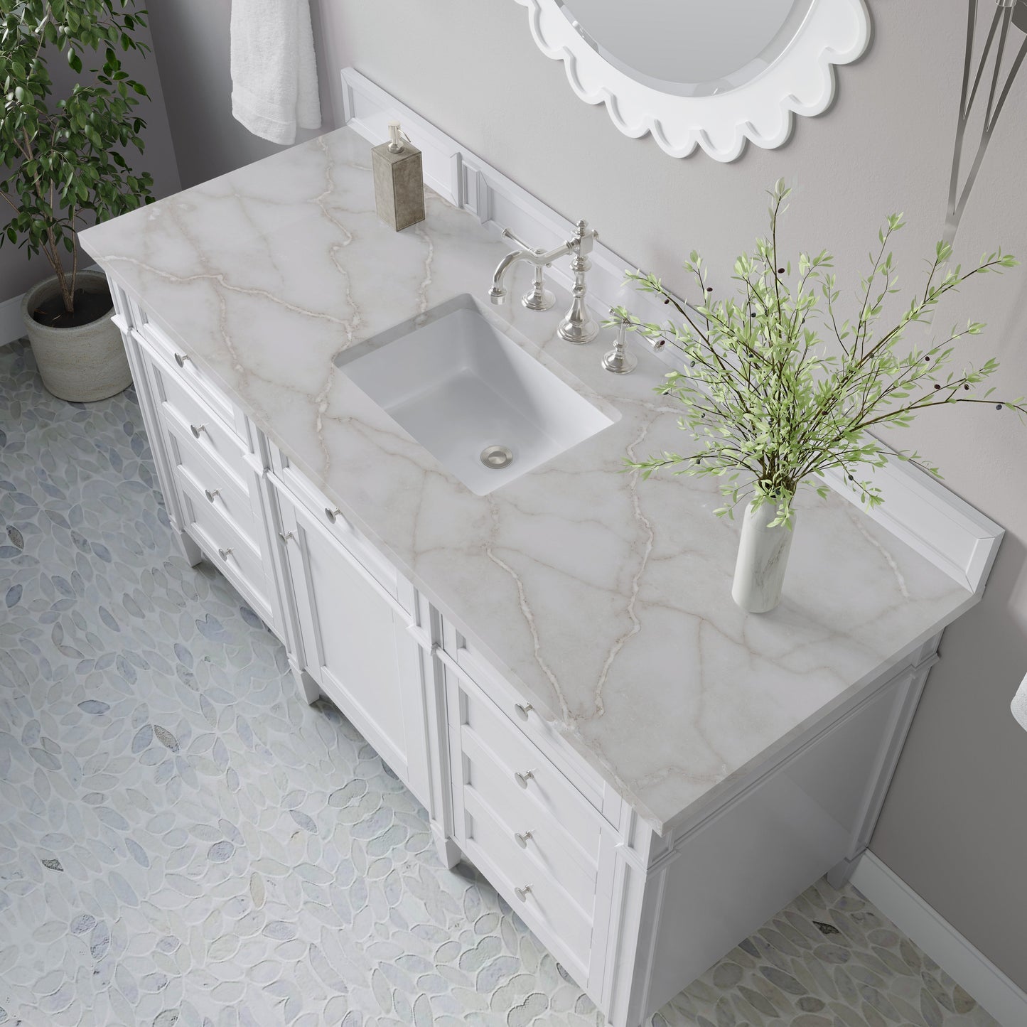 
                  
                    Brittany 60" Single Vanity in Bright White Single Bathroom Vanity James Martin Vanities Victorian Silver Silestone 
                  
                