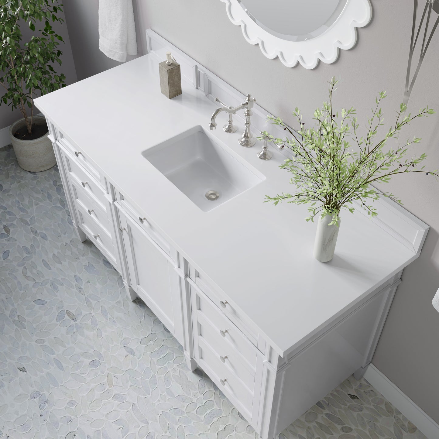 
                  
                    Brittany 60" Single Vanity in Bright White Single Bathroom Vanity James Martin Vanities White Zeus Silestone 
                  
                