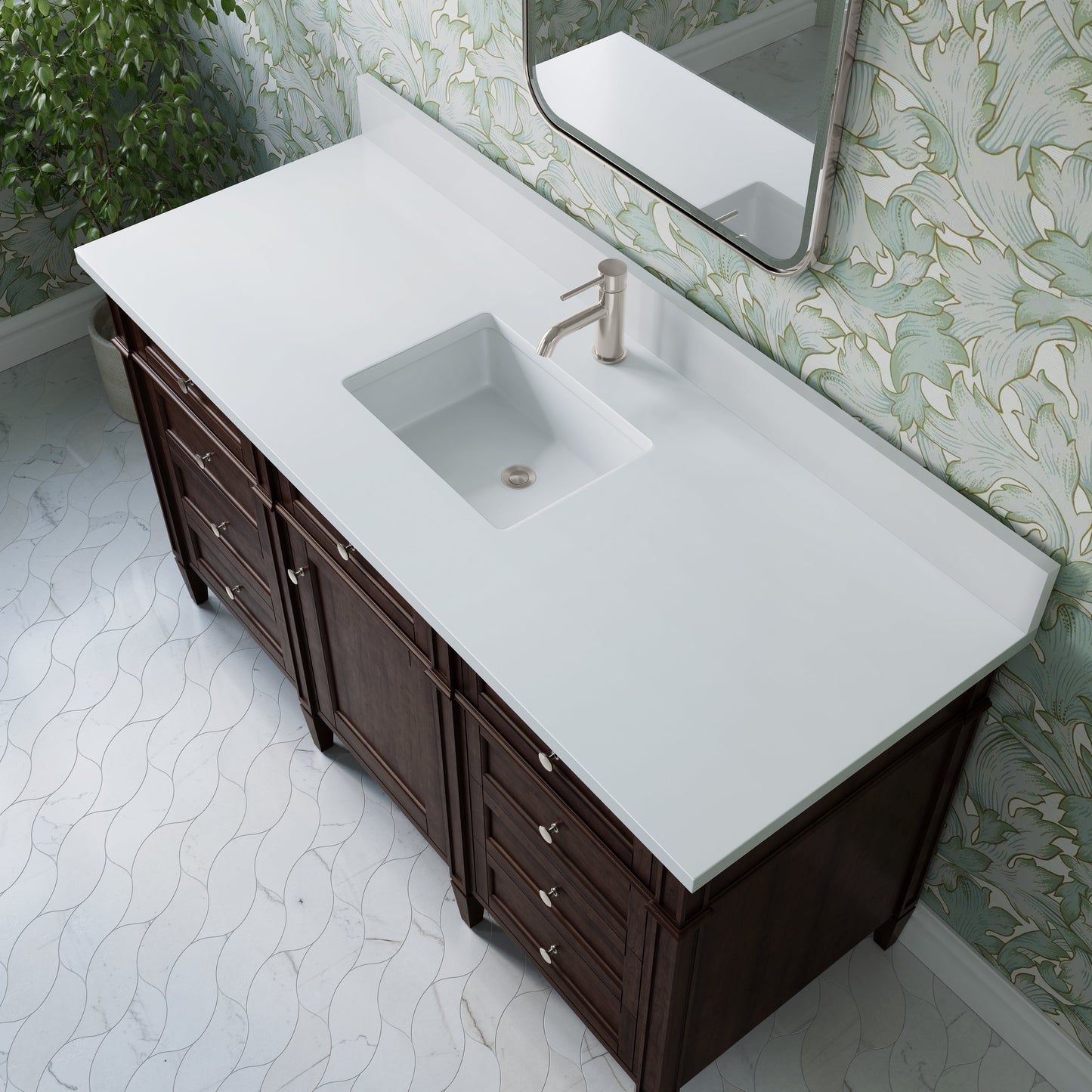 
                  
                    Brittany 60" Single Vanity in Burnished Mahogany Single Bathroom Vanity James Martin Vanities White Zeus Single Faucet Silestone Top w/Backsplash 
                  
                
