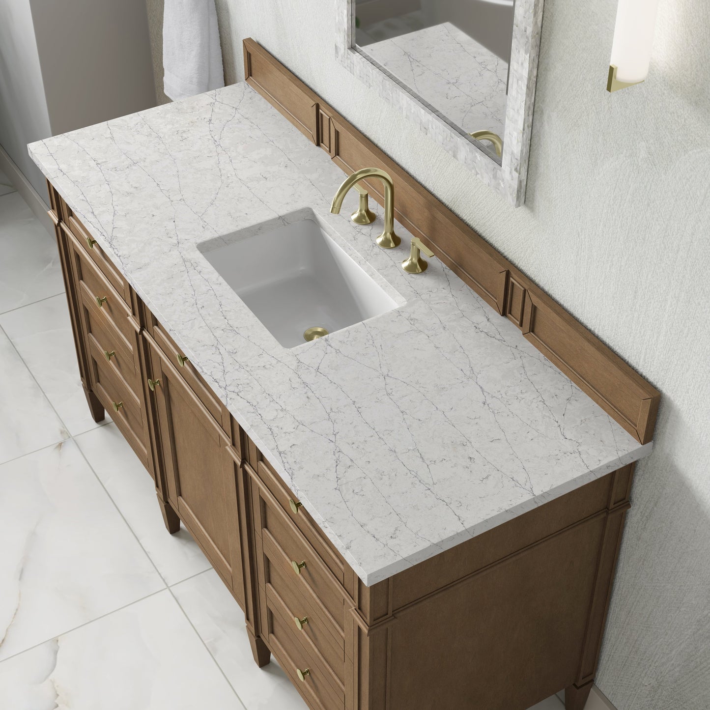 
                  
                    Brittany 60" Single Vanity in Pecan Single Bathroom Vanity James Martin Vanities Eternal Jasmine Pearl Silestone 
                  
                