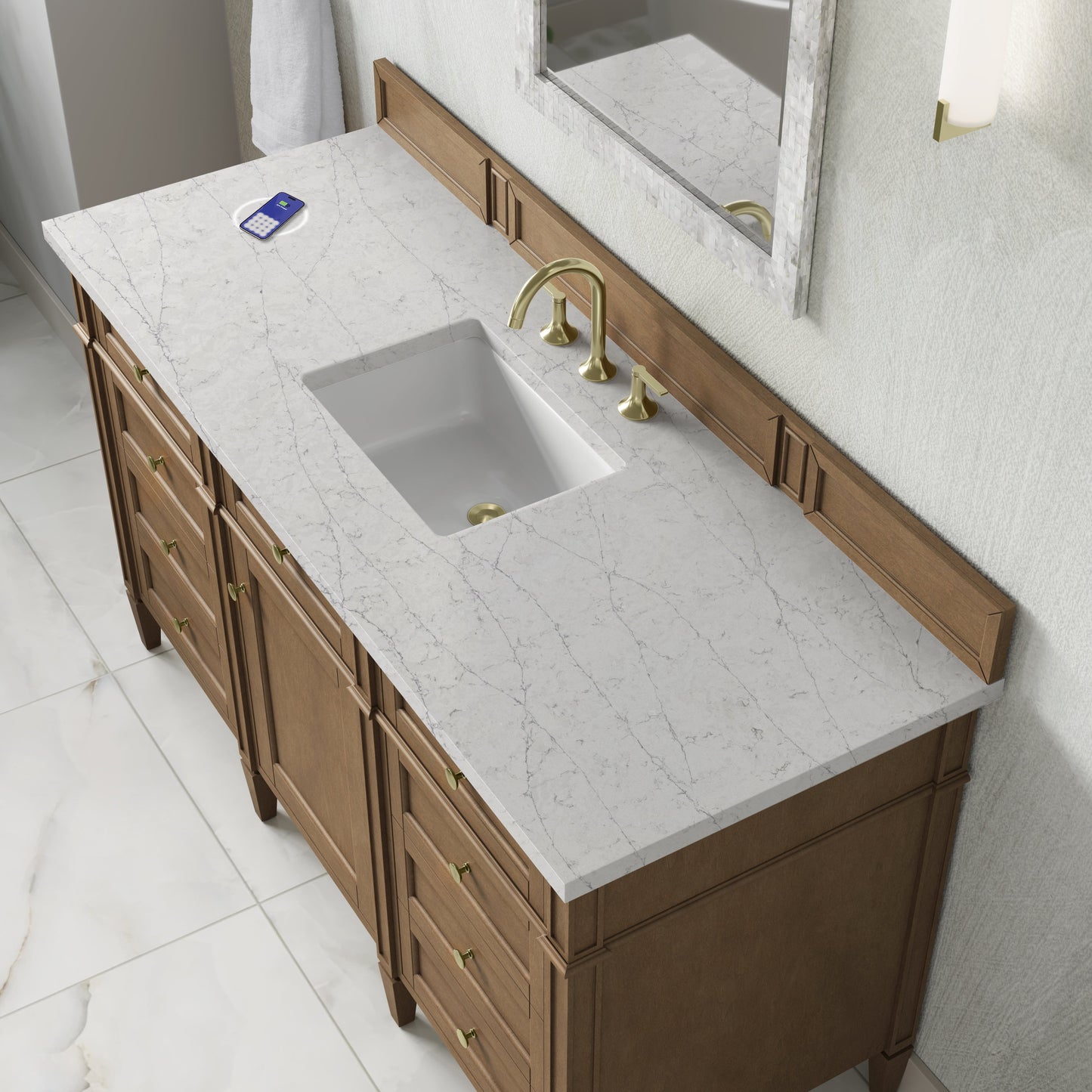 
                  
                    Brittany 60" Single Vanity in Pecan Single Bathroom Vanity James Martin Vanities FreePower-Enabled Eternal Jasmine Pearl Silestone 
                  
                