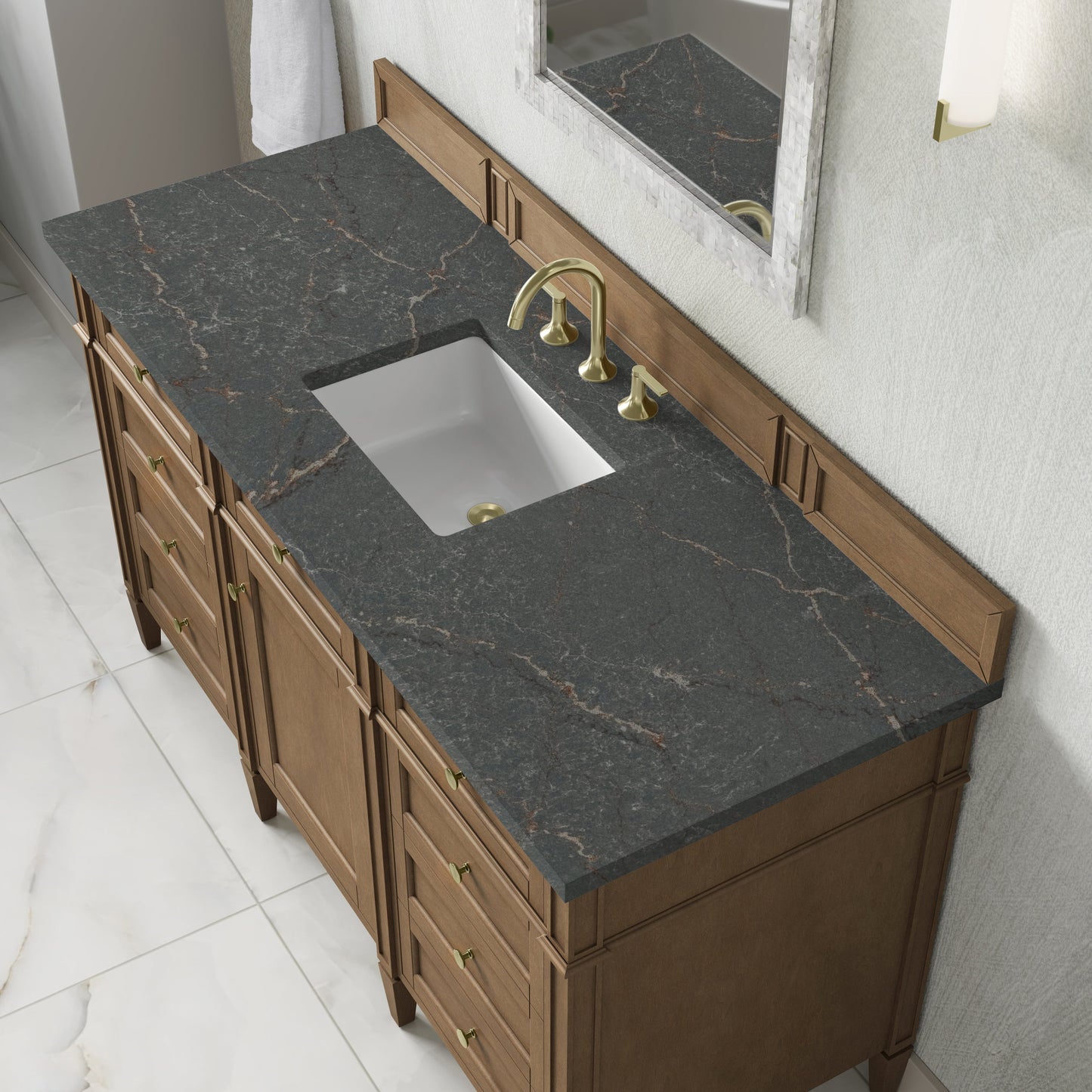
                  
                    Brittany 60" Single Vanity in Pecan Single Bathroom Vanity James Martin Vanities Parisien Bleu Silestone 
                  
                