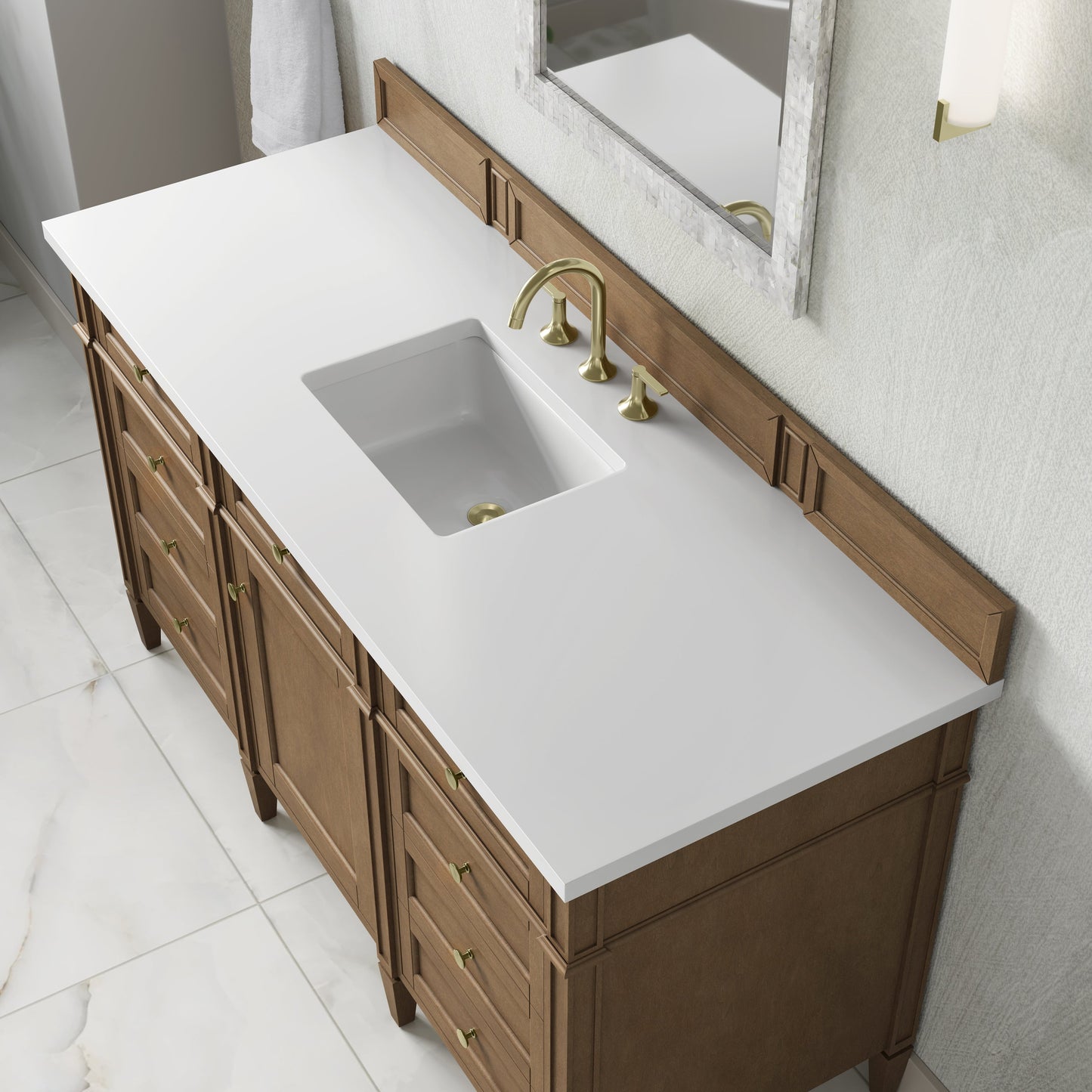 
                  
                    Brittany 60" Single Vanity in Pecan Single Bathroom Vanity James Martin Vanities White Zeus Silestone 
                  
                