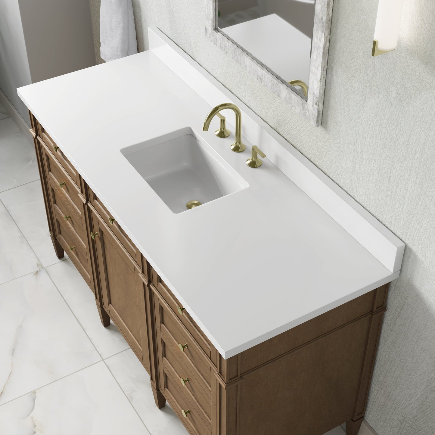 
                  
                    Brittany 60" Single Vanity in Pecan Single Bathroom Vanity James Martin Vanities White Zeus Single Faucet Silestone Top w/Backsplash 
                  
                