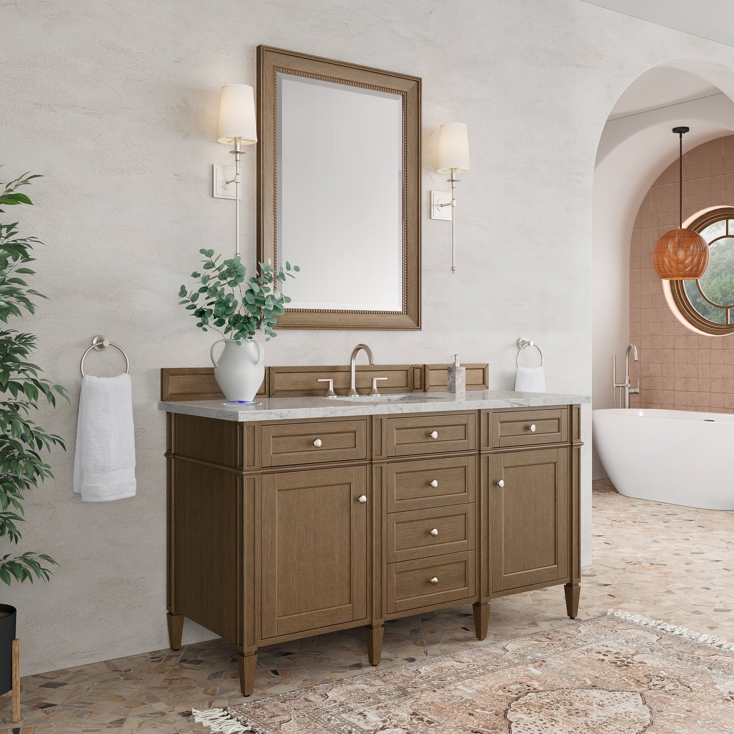 
                  
                    Brittany 60" Single Vanity in Saddle Brown Single Bathroom Vanity James Martin Vanities FreePower-Enabled Eternal Jasmine Pearl Silestone 
                  
                