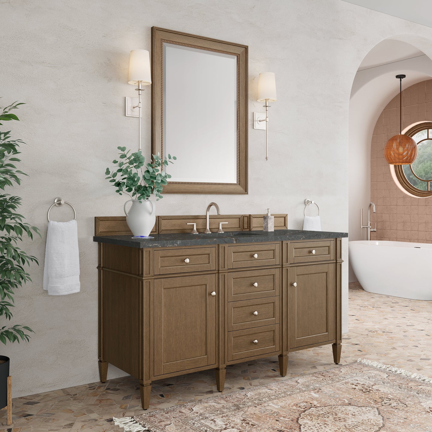 
                  
                    Brittany 60" Single Vanity in Saddle Brown Single Bathroom Vanity James Martin Vanities FreePower-Enabled Parisien Bleu Silestone 
                  
                