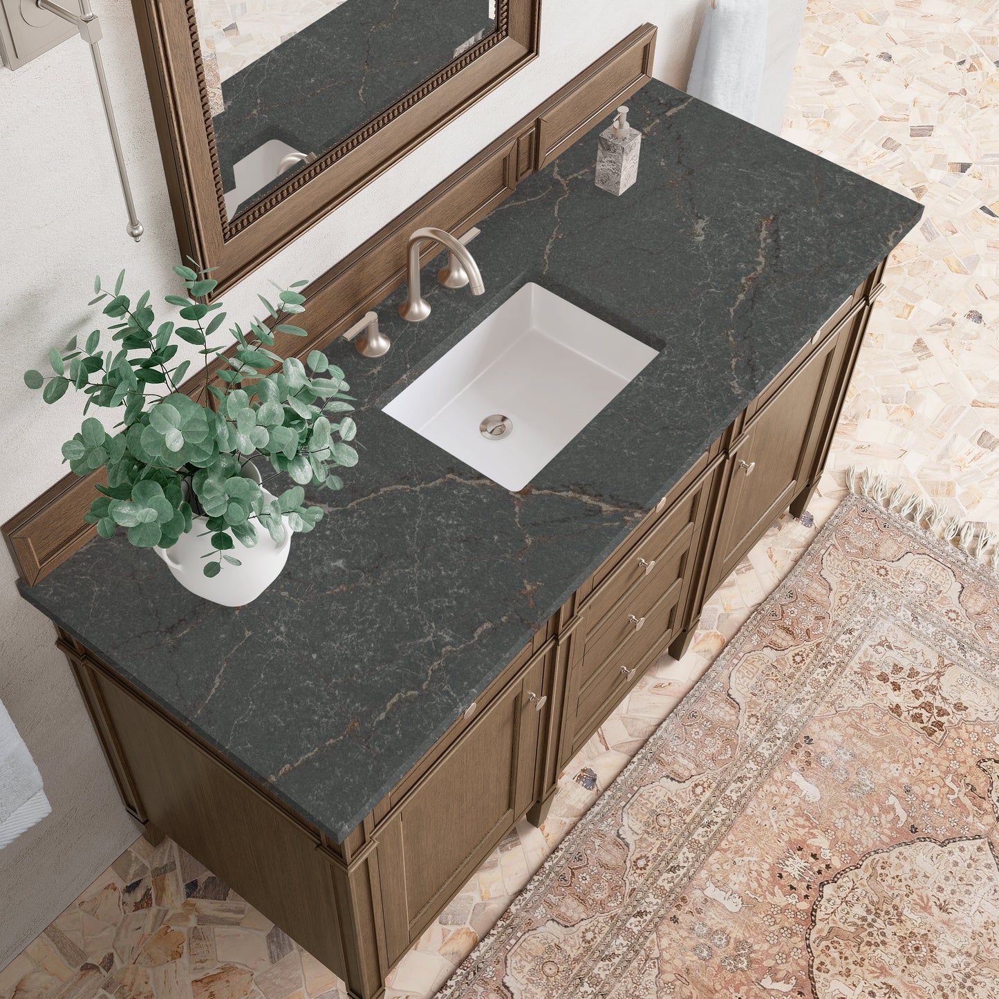 
                  
                    Brittany 60" Single Vanity in Saddle Brown Single Bathroom Vanity James Martin Vanities Parisien Bleu Silestone 
                  
                