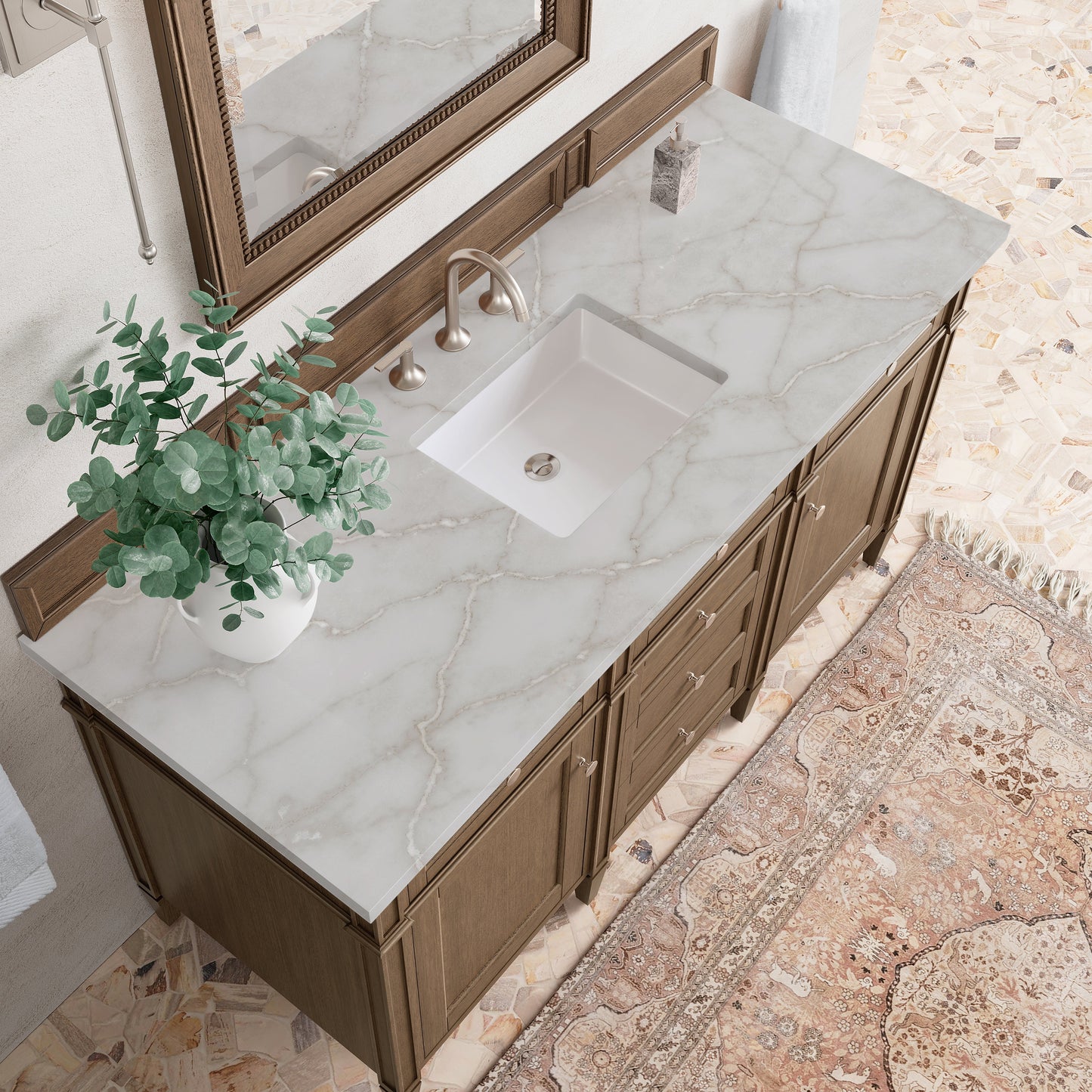 
                  
                    Brittany 60" Single Vanity in Saddle Brown Single Bathroom Vanity James Martin Vanities Victorian Silver Silestone 
                  
                