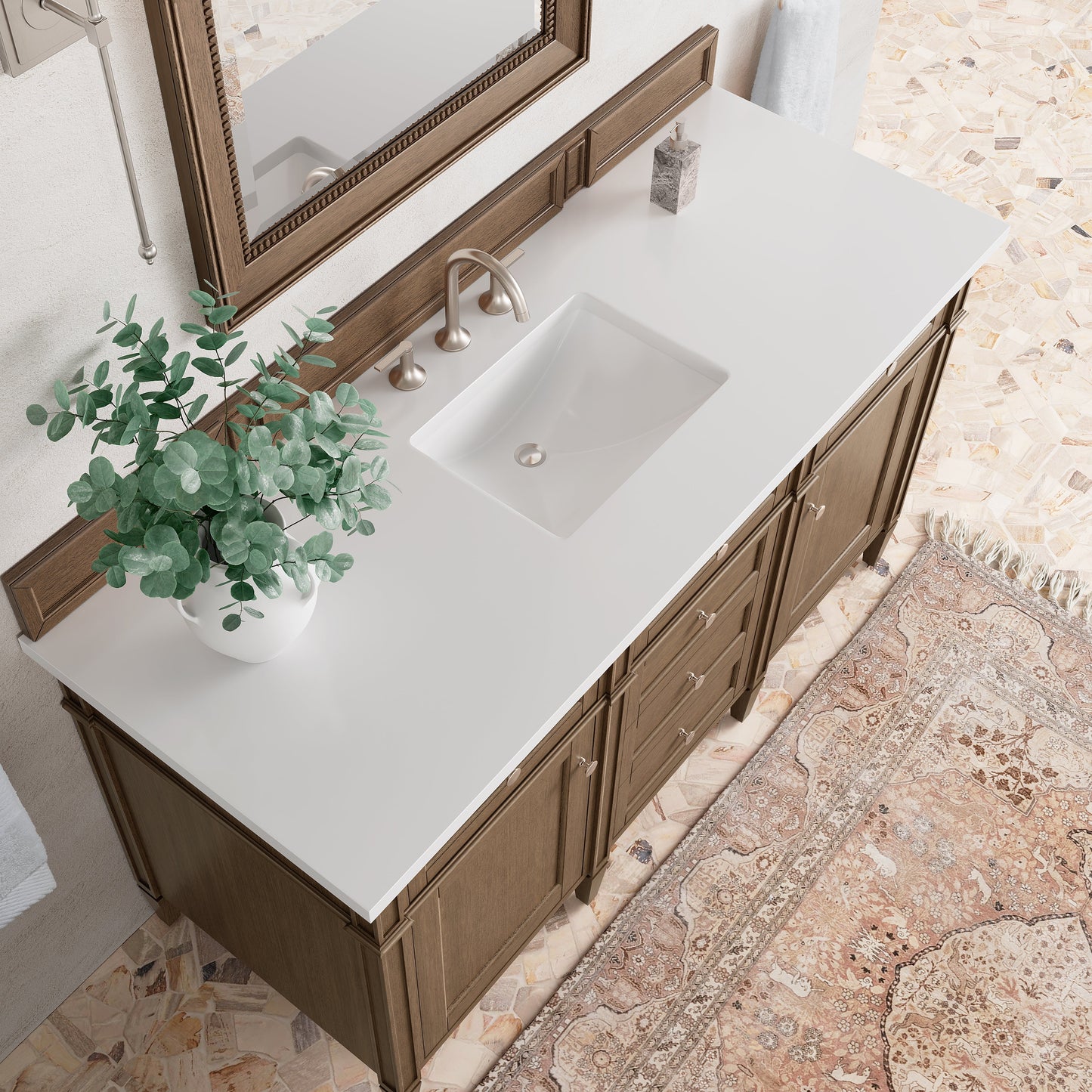 
                  
                    Brittany 60" Single Vanity in Saddle Brown Single Bathroom Vanity James Martin Vanities White Zeus Silestone 
                  
                