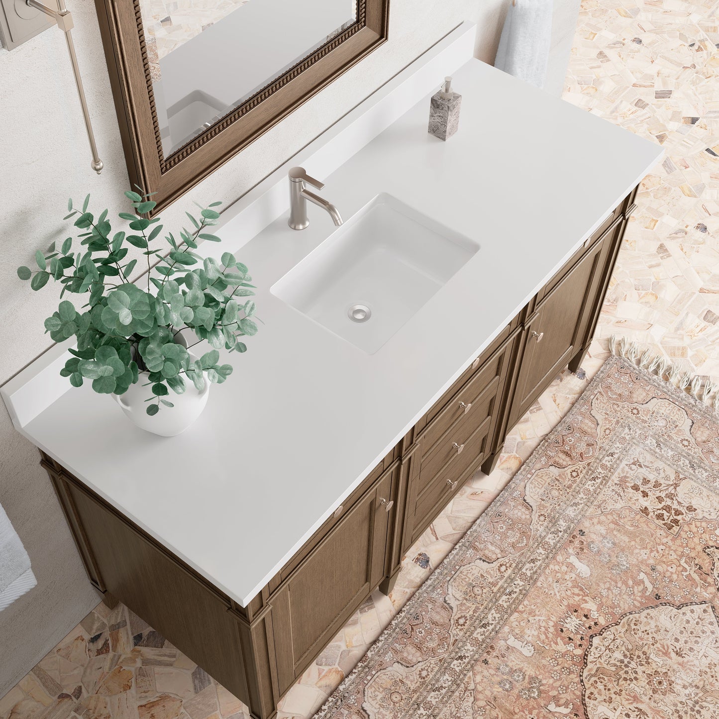 
                  
                    Brittany 60" Single Vanity in Saddle Brown Single Bathroom Vanity James Martin Vanities White Zeus Single Faucet Silestone Top w/Backsplash 
                  
                