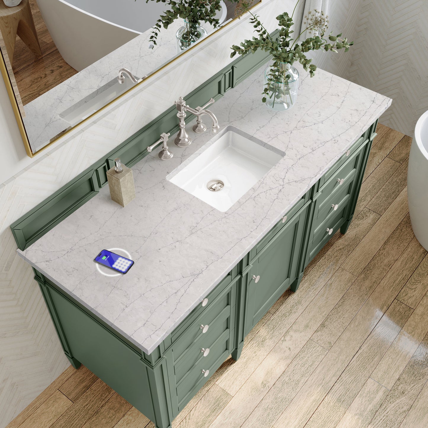 
                  
                    Brittany 60" Single Vanity in Smokey Celadon Single Bathroom Vanity James Martin Vanities FreePower-Enabled Eternal Jasmine Pearl Silestone 
                  
                