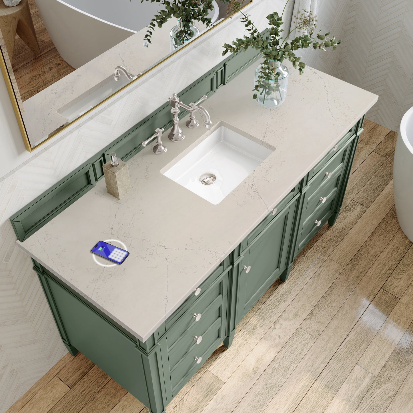 
                  
                    Brittany 60" Single Vanity in Smokey Celadon Single Bathroom Vanity James Martin Vanities FreePower-Enabled Siberian Silestone 
                  
                