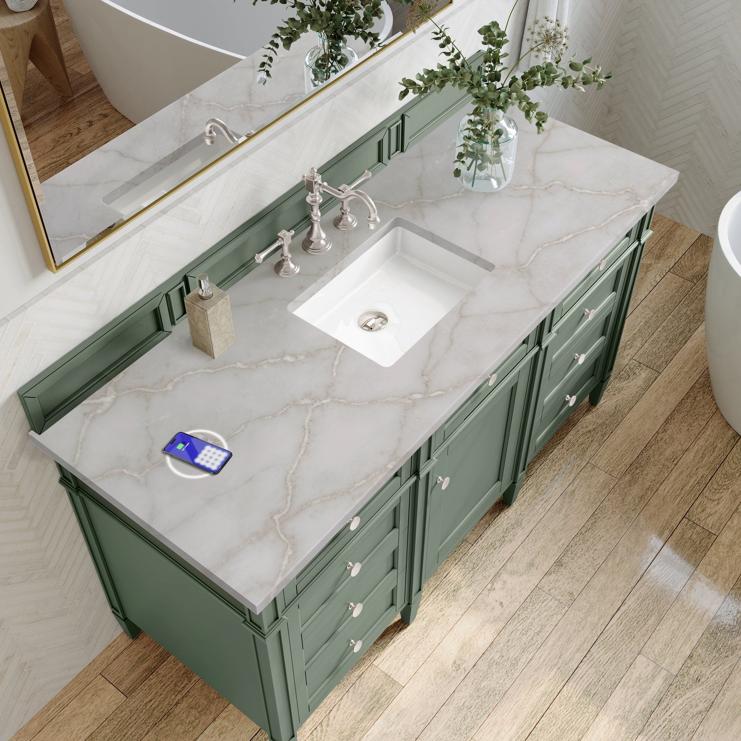 
                  
                    Brittany 60" Single Vanity in Smokey Celadon Single Bathroom Vanity James Martin Vanities FreePower-Enabled Victorian Silver Silestone 
                  
                