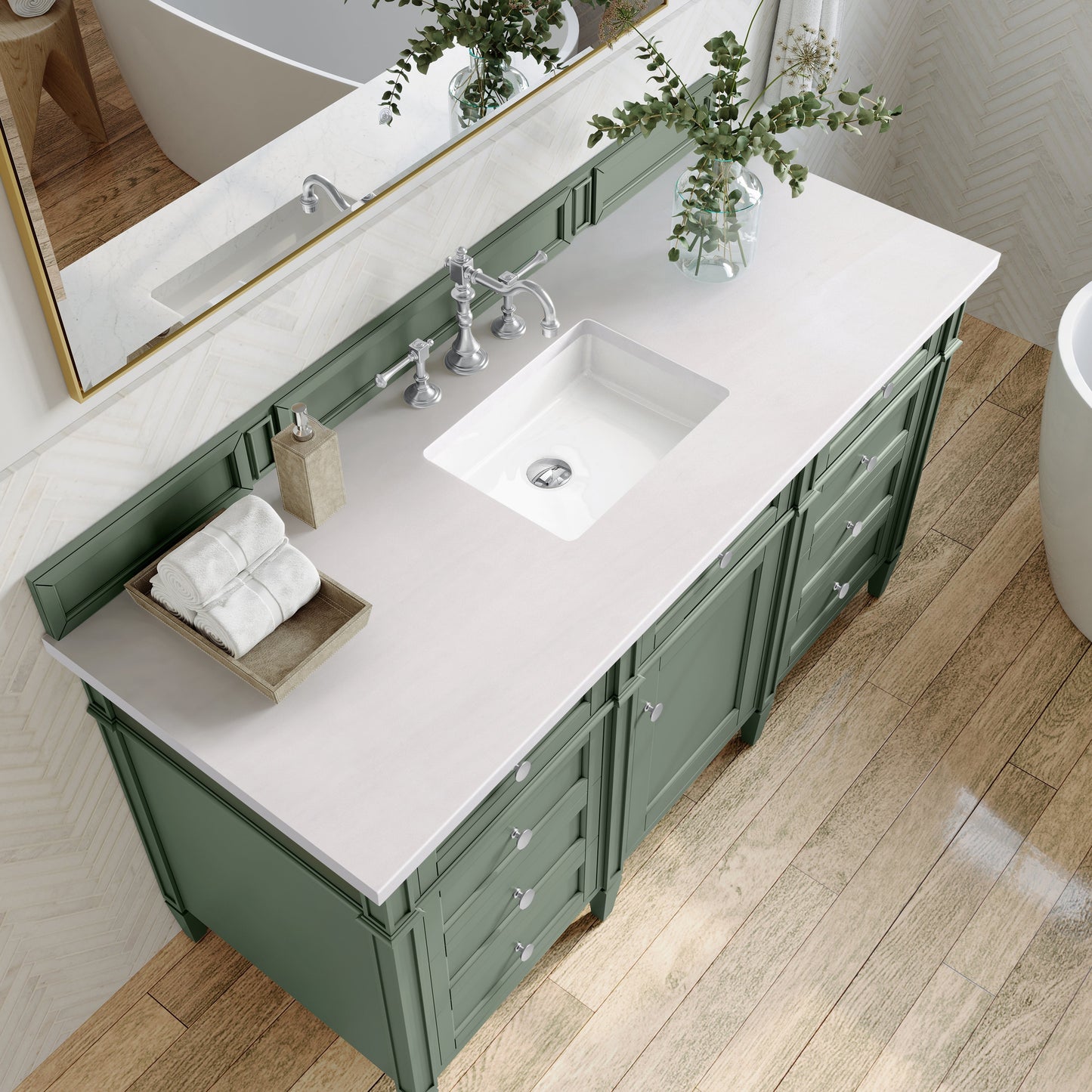 
                  
                    Brittany 60" Single Vanity in Smokey Celadon Single Bathroom Vanity James Martin Vanities White Zeus Silestone 
                  
                