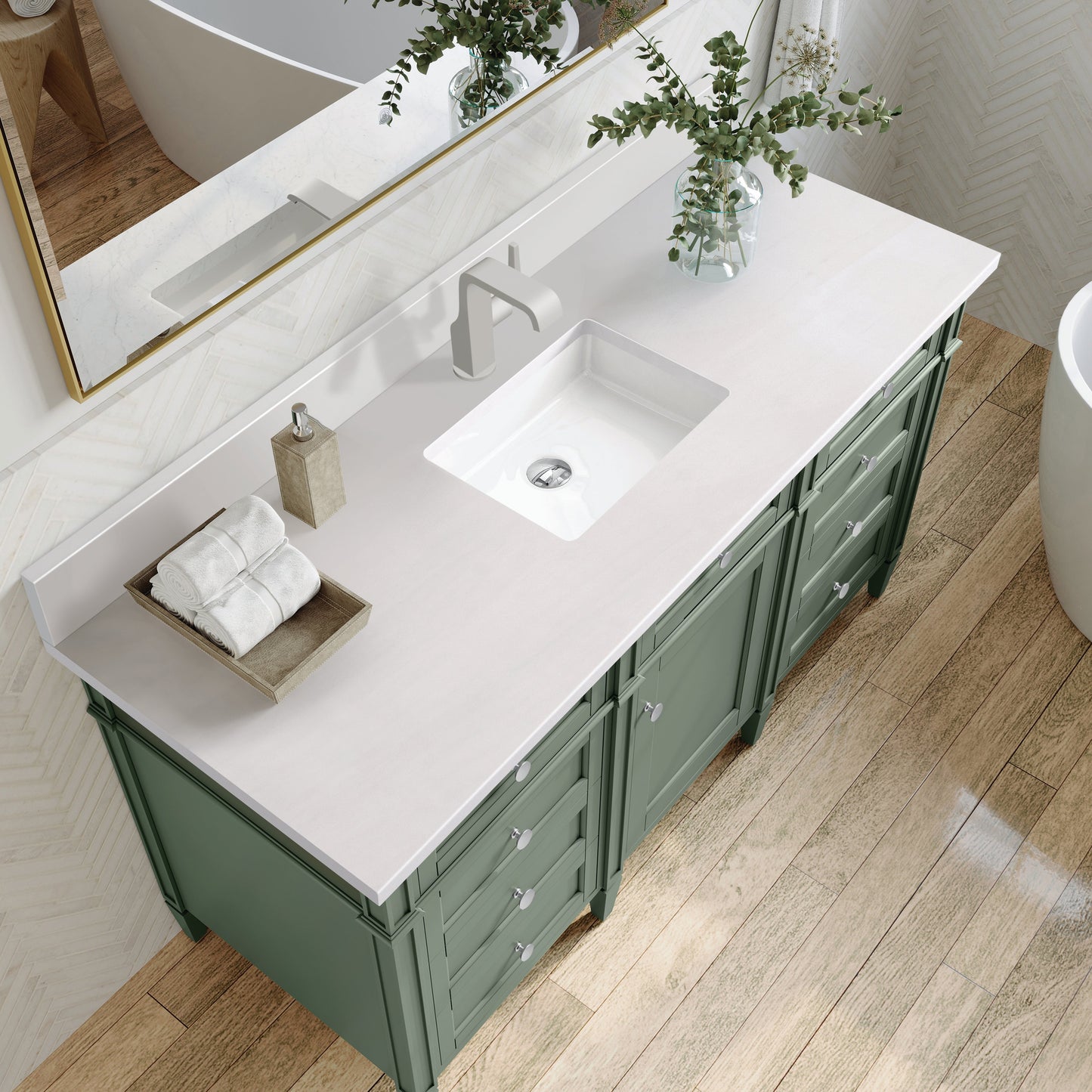 
                  
                    Brittany 60" Single Vanity in Smokey Celadon Single Bathroom Vanity James Martin Vanities White Zeus Single Faucet Silestone Top w/Backsplash 
                  
                