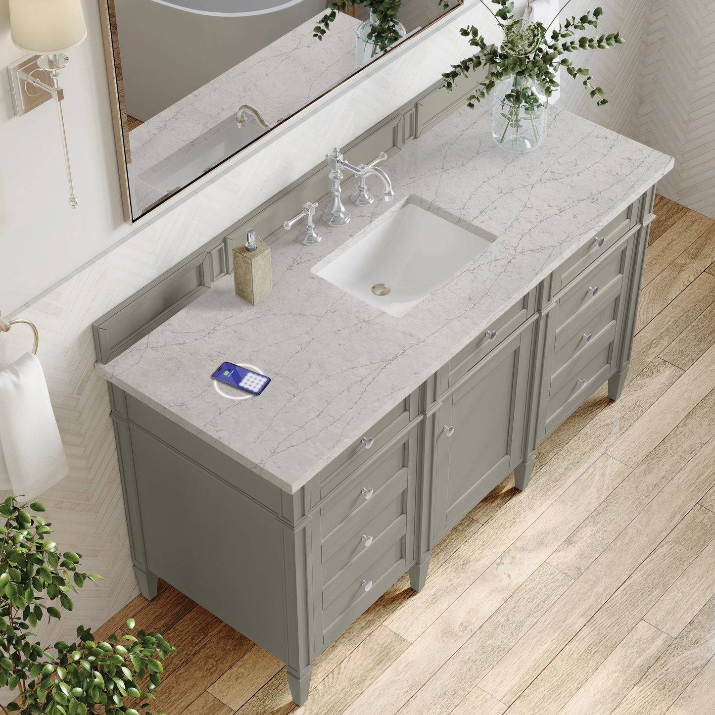 
                  
                    Brittany 60" Single Vanity in Urban Gray Single Bathroom Vanity James Martin Vanities FreePower-Enabled Eternal Jasmine Pearl Silestone 
                  
                