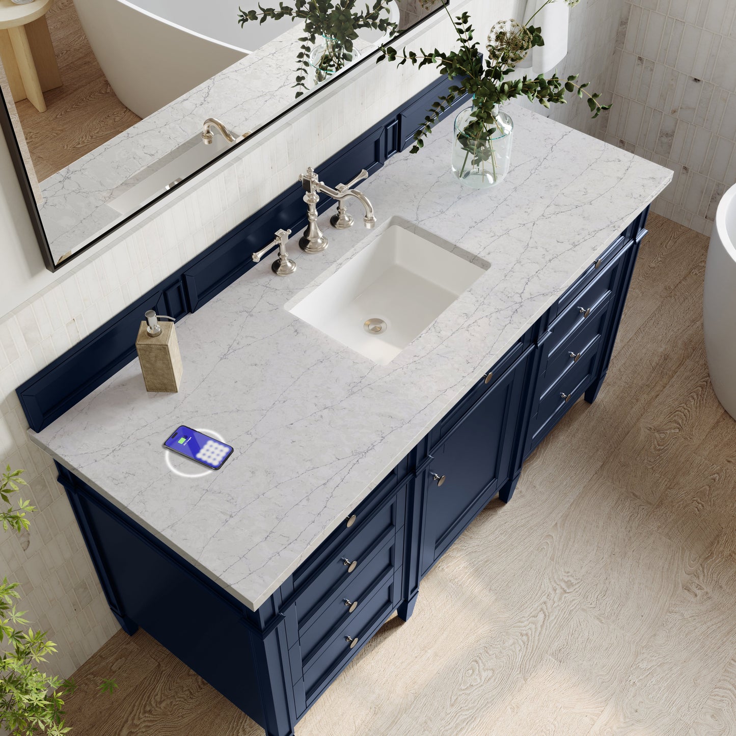 
                  
                    Brittany 60" Single Vanity in Victory Blue Single Bathroom Vanity James Martin Vanities FreePower-Enabled Eternal Jasmine Pearl Silestone 
                  
                