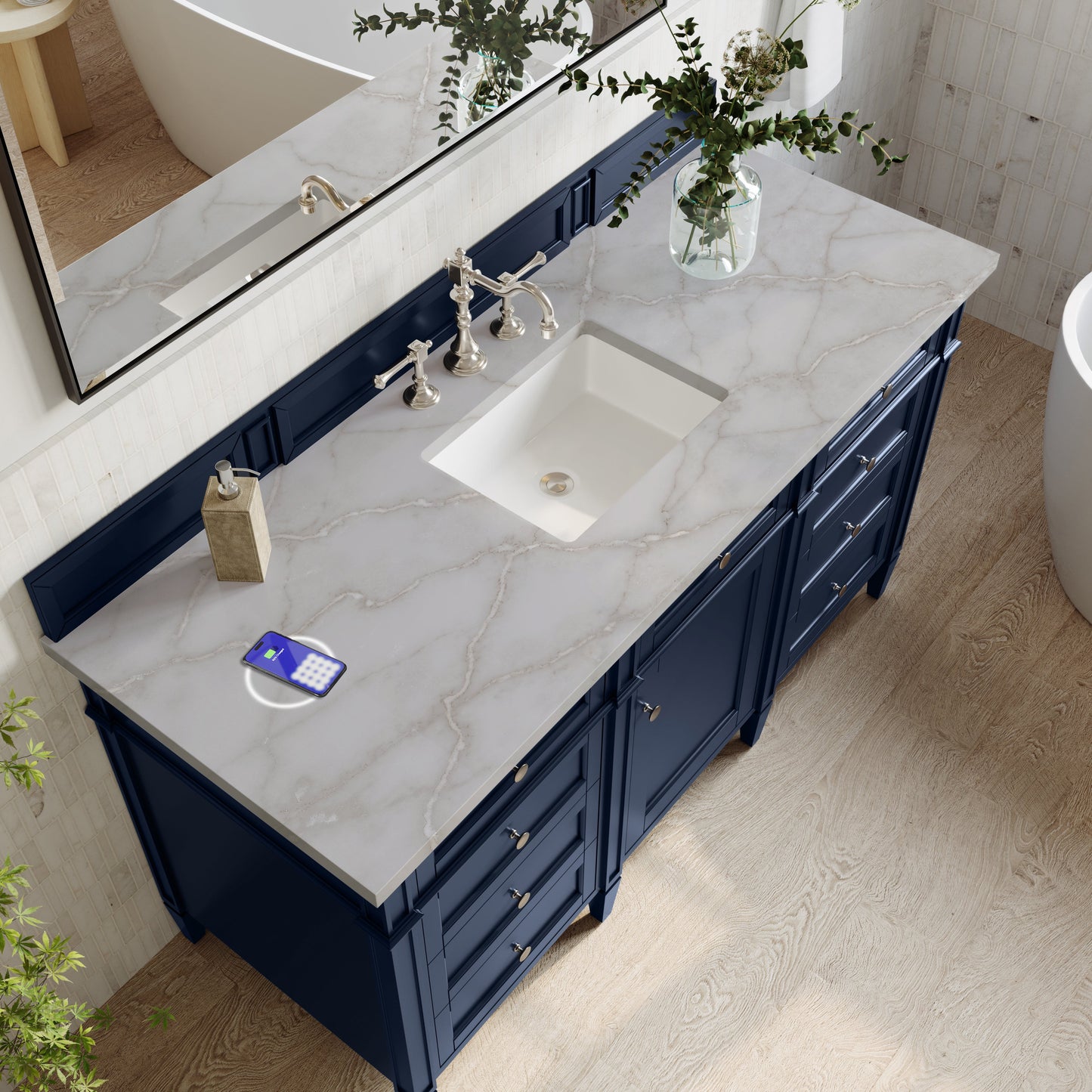 
                  
                    Brittany 60" Single Vanity in Victory Blue Single Bathroom Vanity James Martin Vanities FreePower-Enabled Victorian Silver Silestone 
                  
                