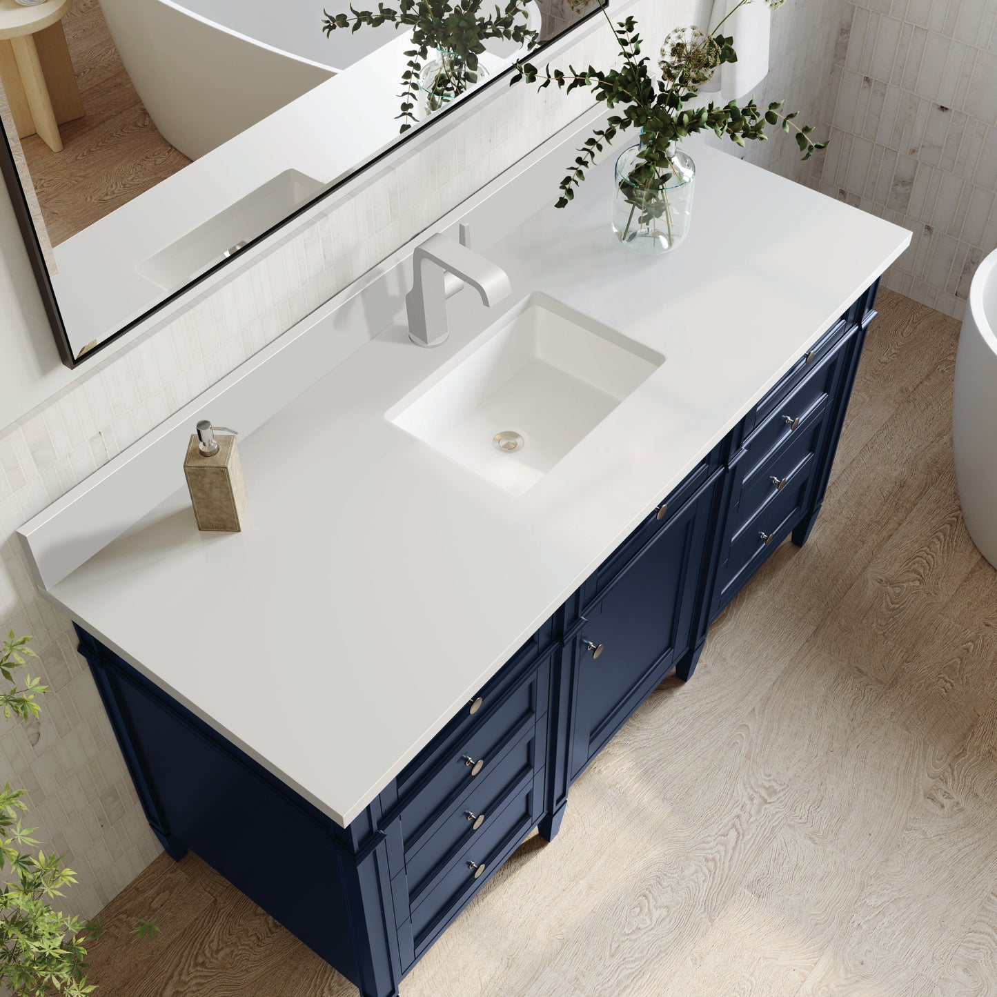 
                  
                    Brittany 60" Single Vanity in Victory Blue Single Bathroom Vanity James Martin Vanities White Zeus Single Faucet Silestone Top w/Backsplash 
                  
                