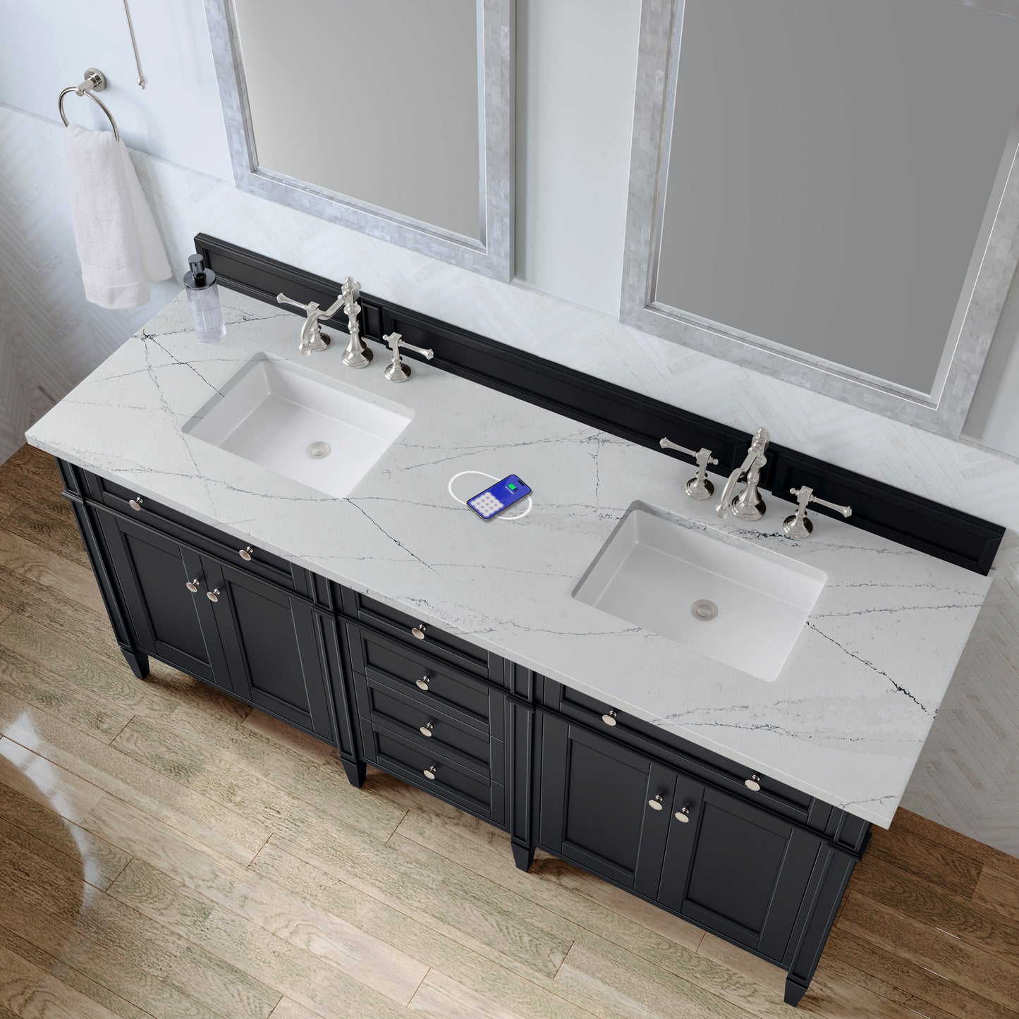 
                  
                    Brittany 72" Double Vanity in Black Onyx Double bathroom Vanity James Martin Vanities Ethereal Noctis Silestone with FreePower 
                  
                