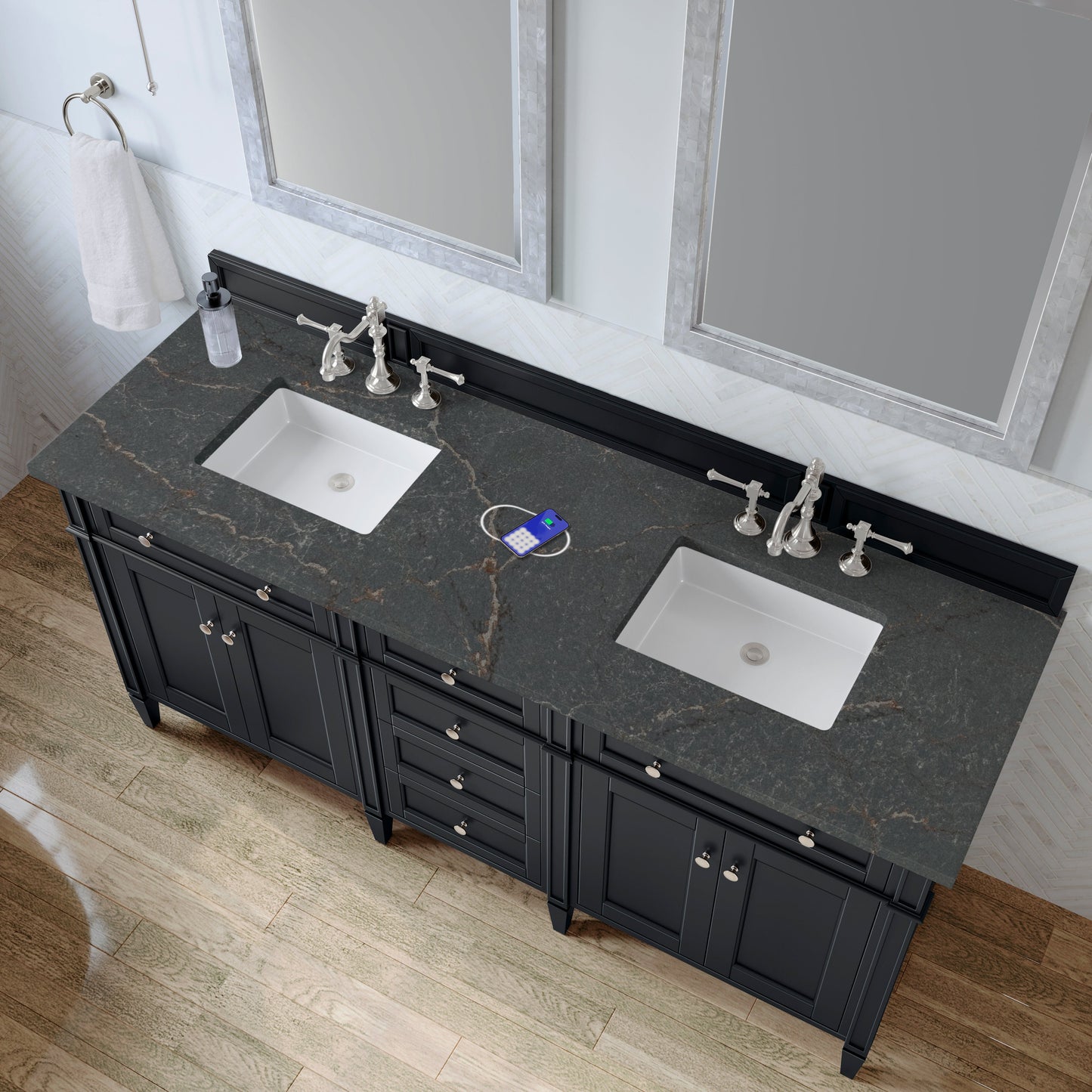 
                  
                    Brittany 72" Double Vanity in Black Onyx Double bathroom Vanity James Martin Vanities Parisien Bleu Silestone with FreePower 
                  
                