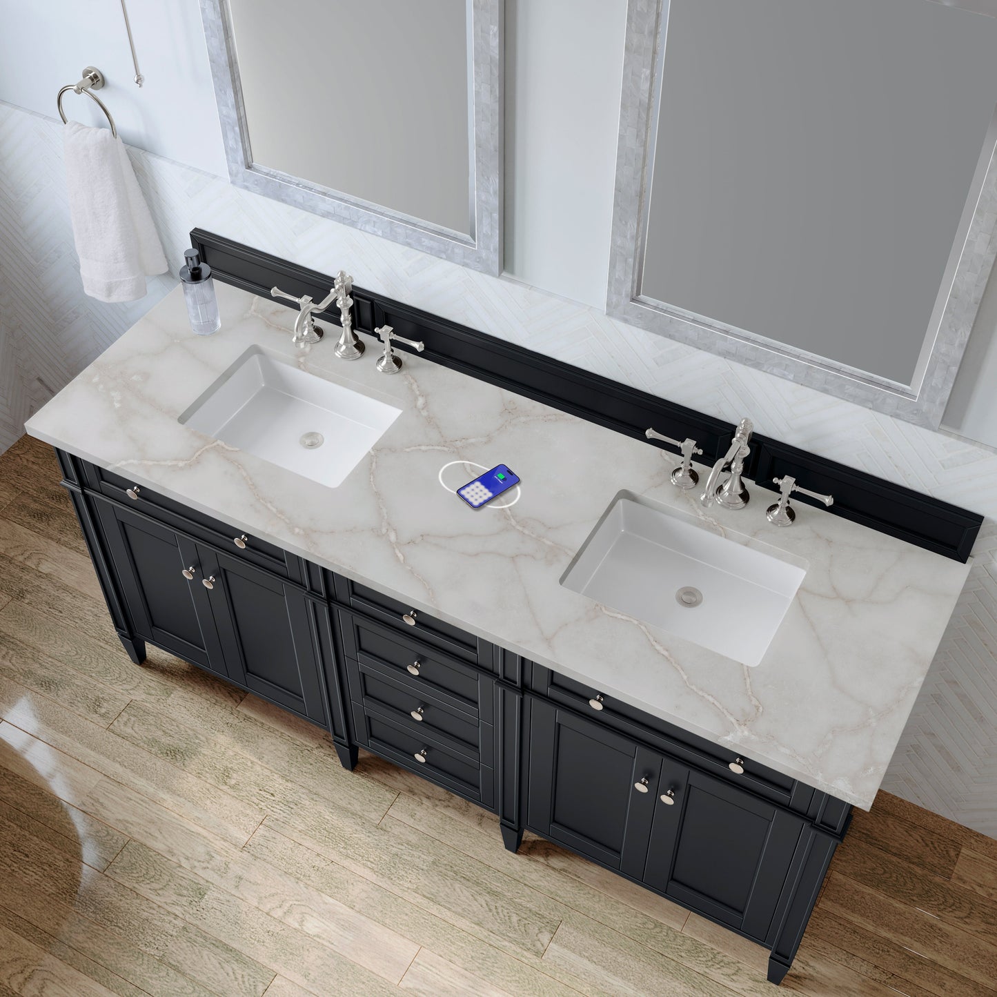 
                  
                    Brittany 72" Double Vanity in Black Onyx Double bathroom Vanity James Martin Vanities Victorian Silver Silestone with FreePower 
                  
                