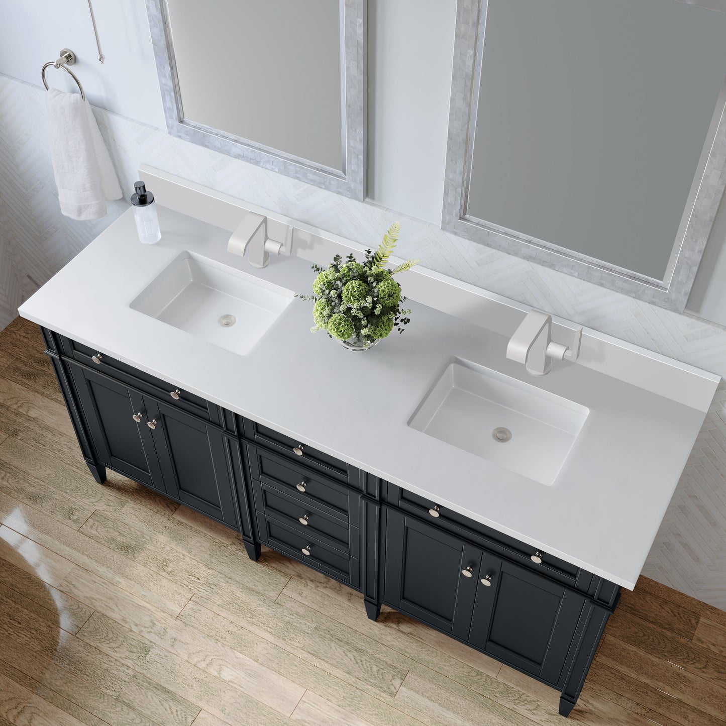 
                  
                    Brittany 72" Double Vanity in Black Onyx Double bathroom Vanity James Martin Vanities White Zeus Single Faucet Silestone Top w/Backsplash 
                  
                